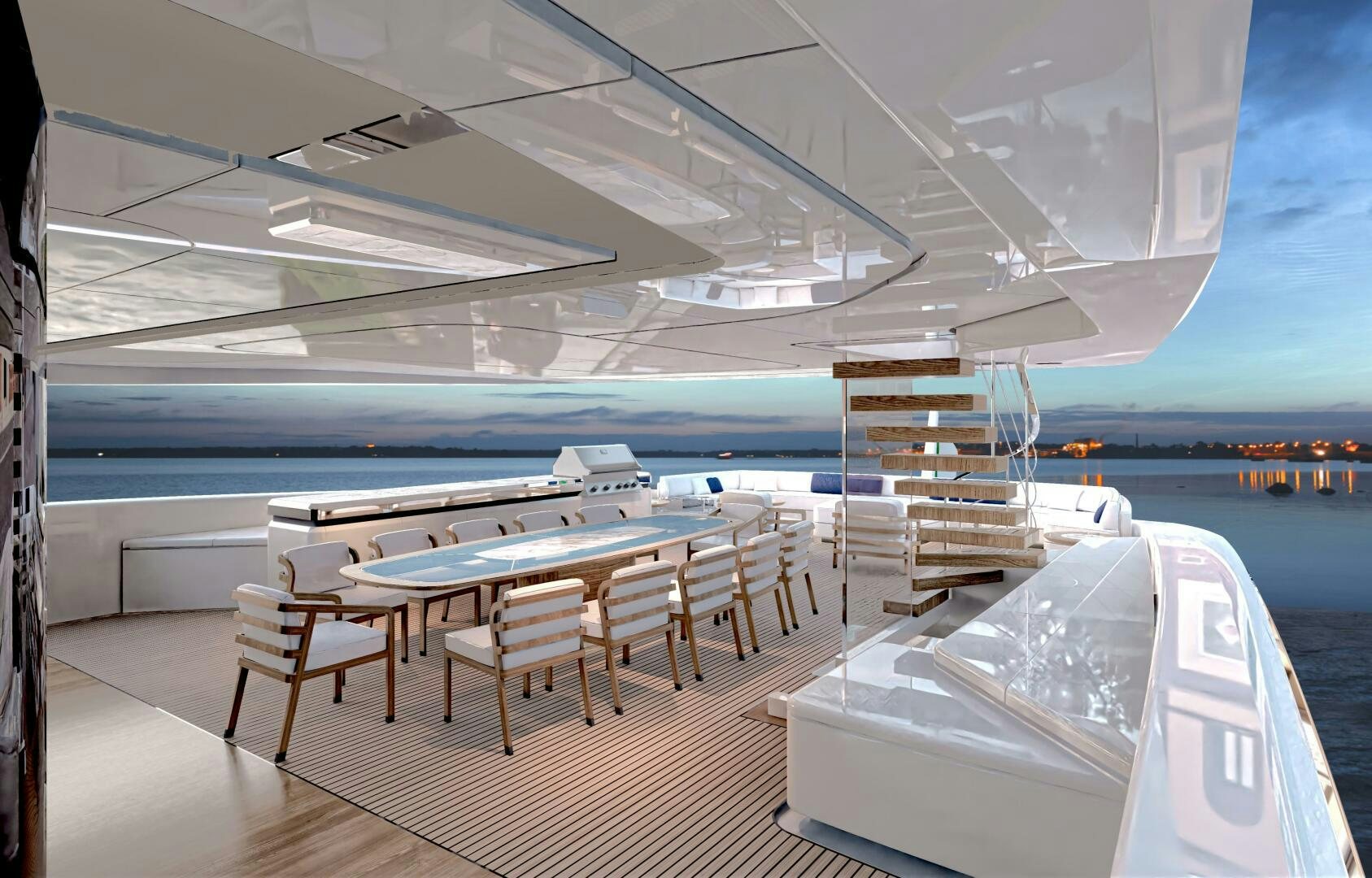 a room with a table chairs and a staircase aboard BAGLIETTO T52 HULL 4 Yacht for Sale