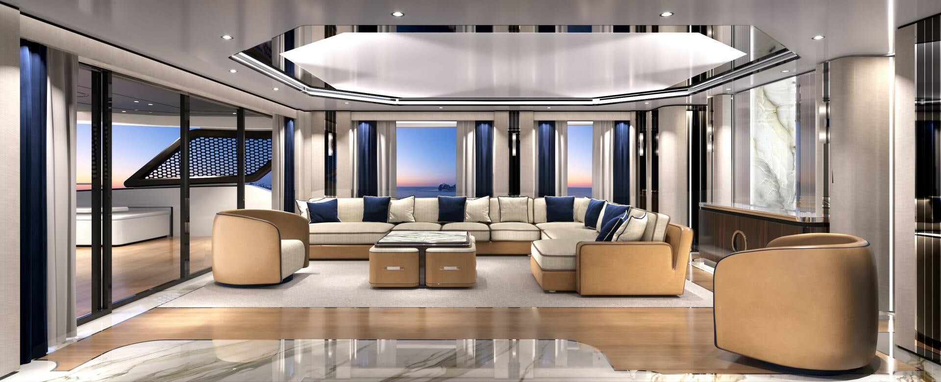 a large room with couches and a table aboard BAGLIETTO T52 HULL 4 Yacht for Sale