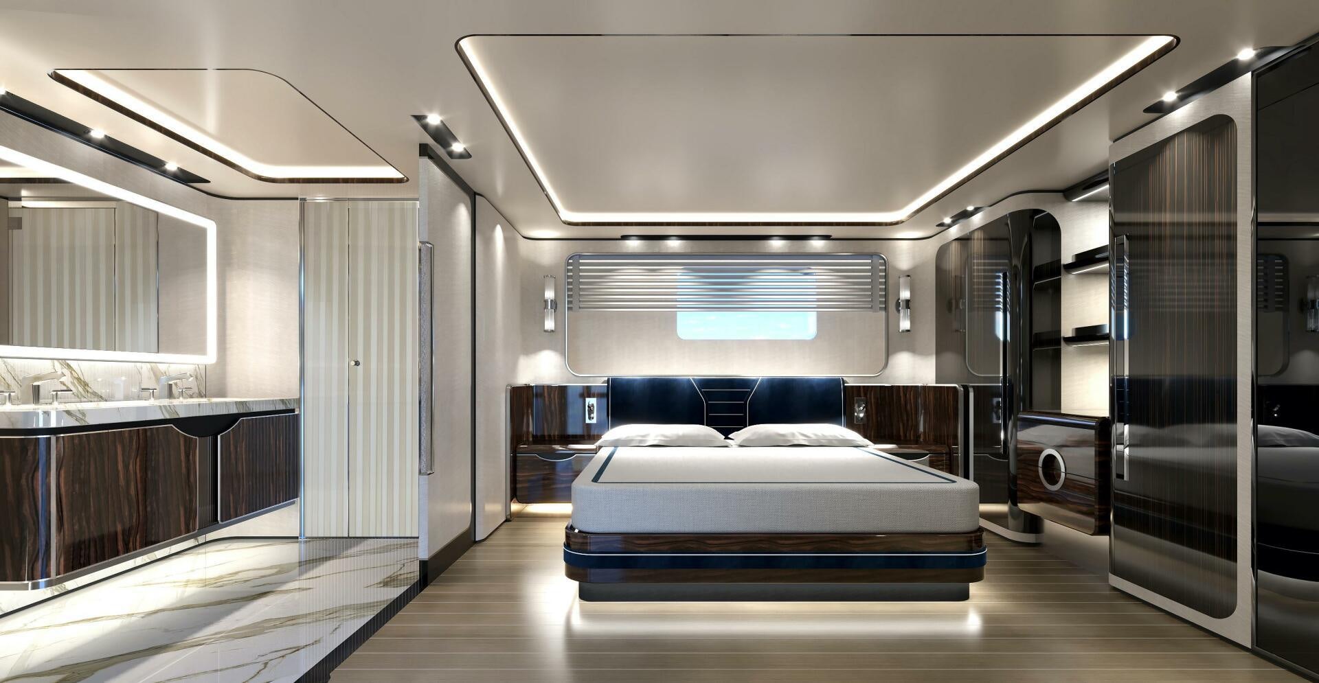 a room with a bed and a desk aboard BAGLIETTO T52 HULL 4 Yacht for Sale