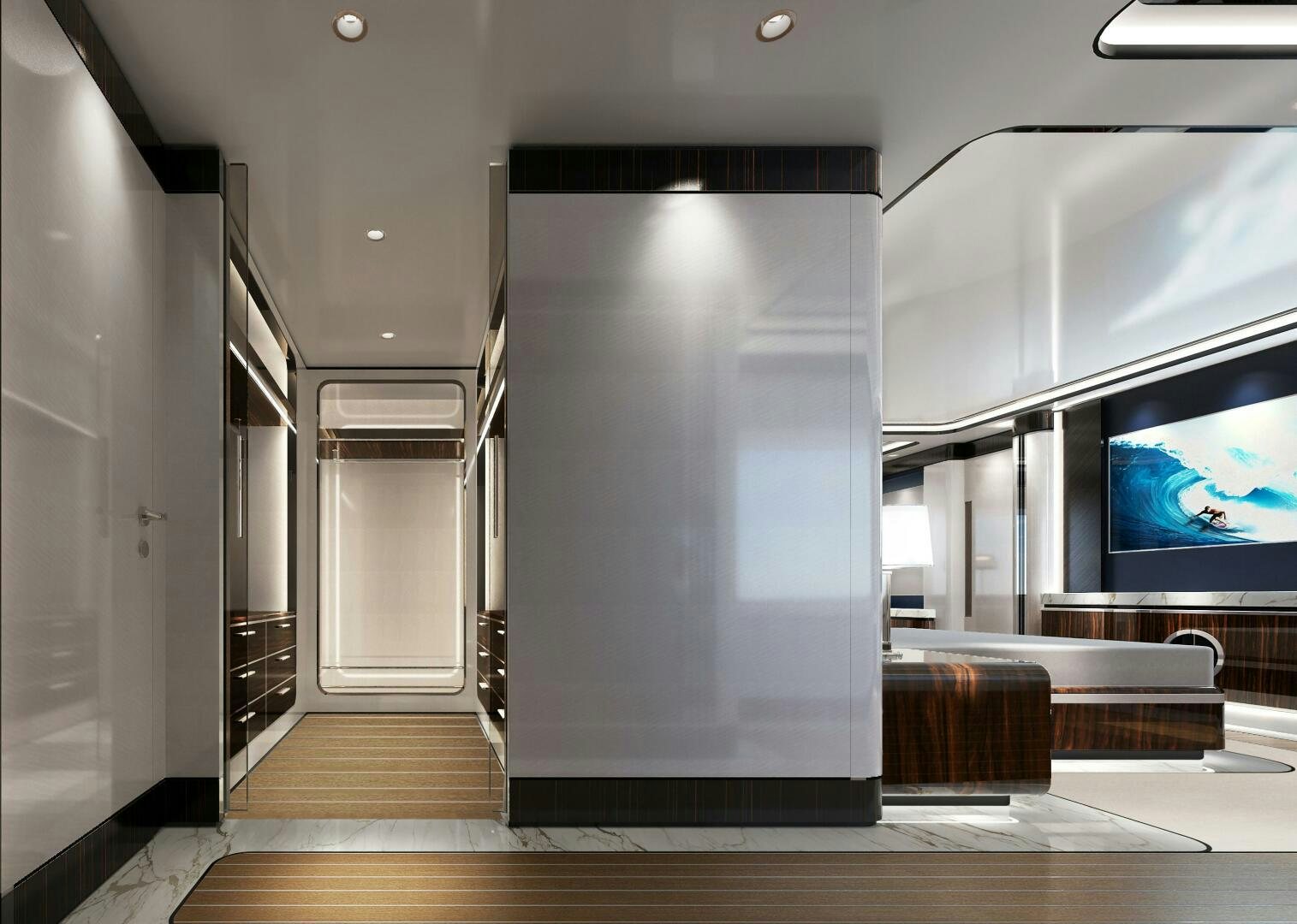 a room with a large screen aboard BAGLIETTO T52 HULL 4 Yacht for Sale