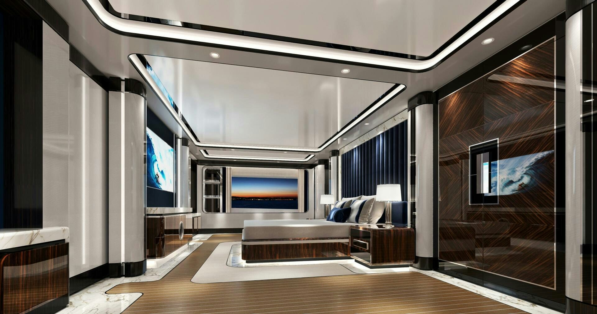 a room with a large window and a wood floor aboard BAGLIETTO T52 HULL 4 Yacht for Sale