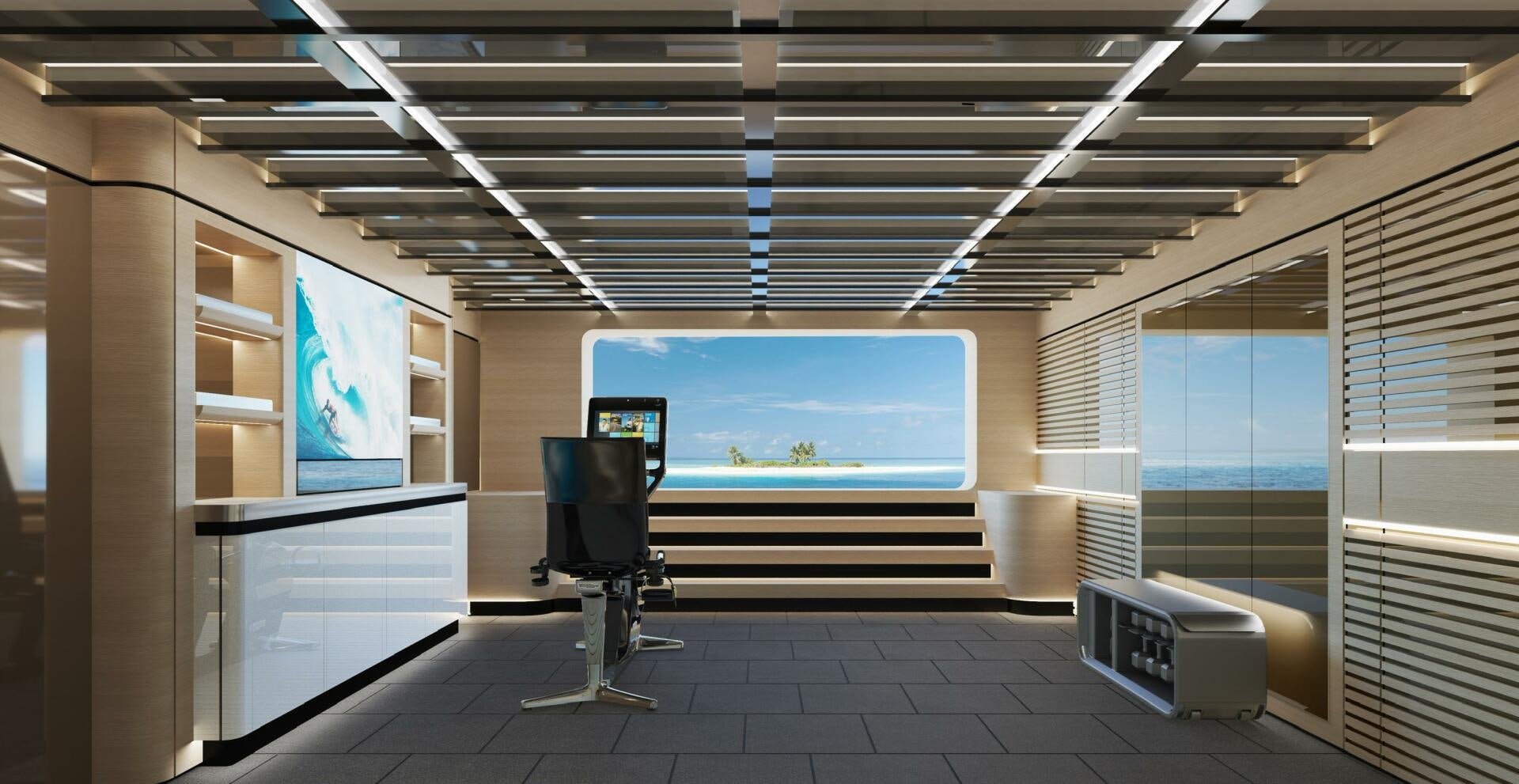 a room with a large screen aboard BAGLIETTO T52 HULL 4 Yacht for Sale