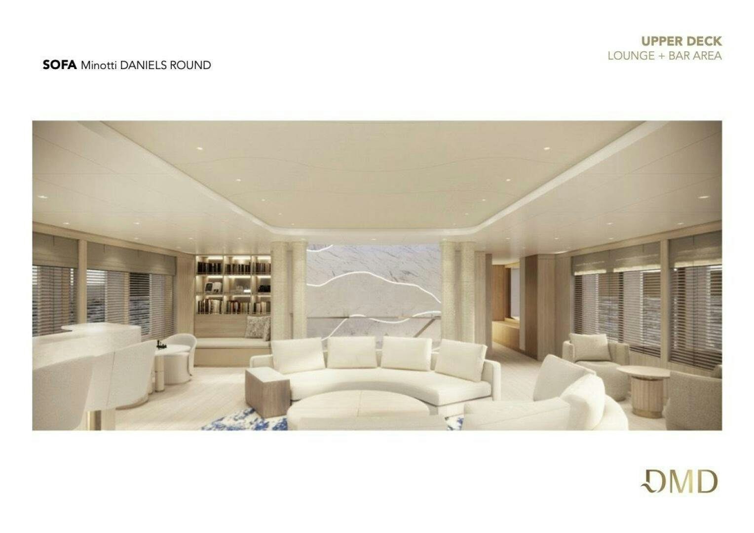 a large living room with white furniture aboard JOY Yacht for Sale