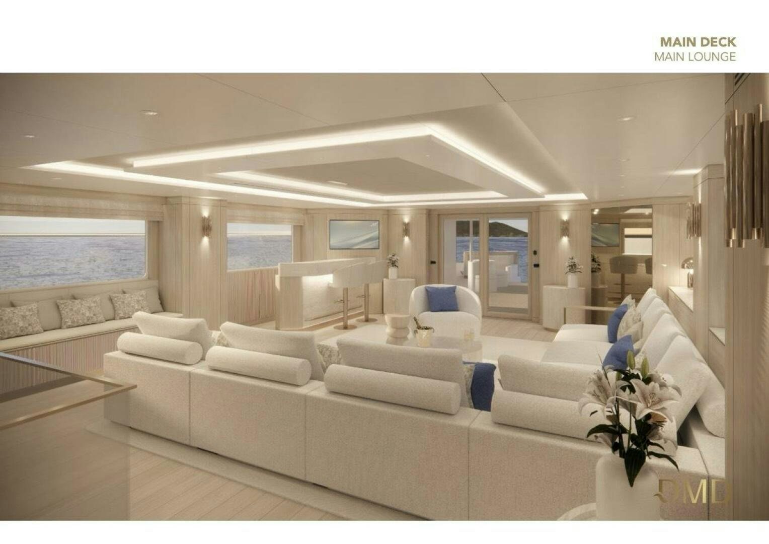 a living room with a white couch aboard JOY Yacht for Sale