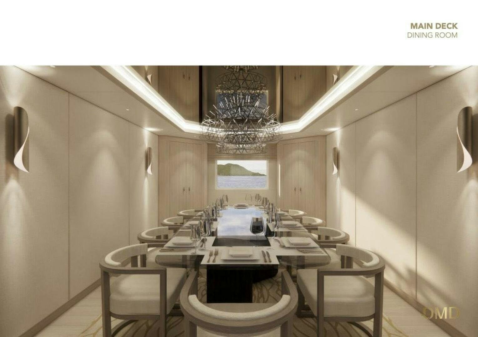 a large dining room with a chandelier aboard JOY Yacht for Sale
