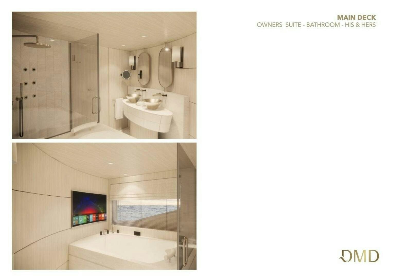 a bathroom with a television and bathtub aboard JOY Yacht for Sale