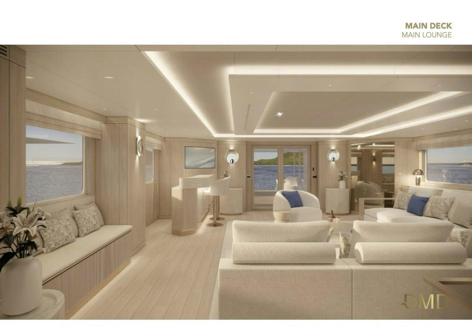 a living room with a large window aboard JOY Yacht for Sale