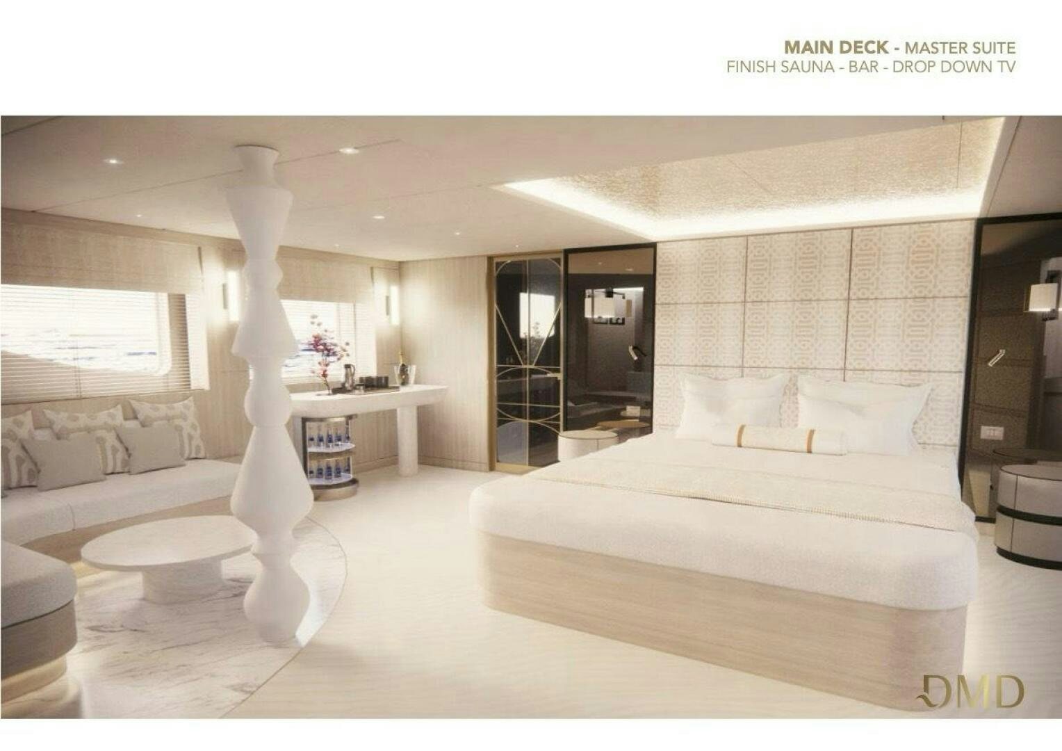 a room with a bed and a desk aboard JOY Yacht for Sale