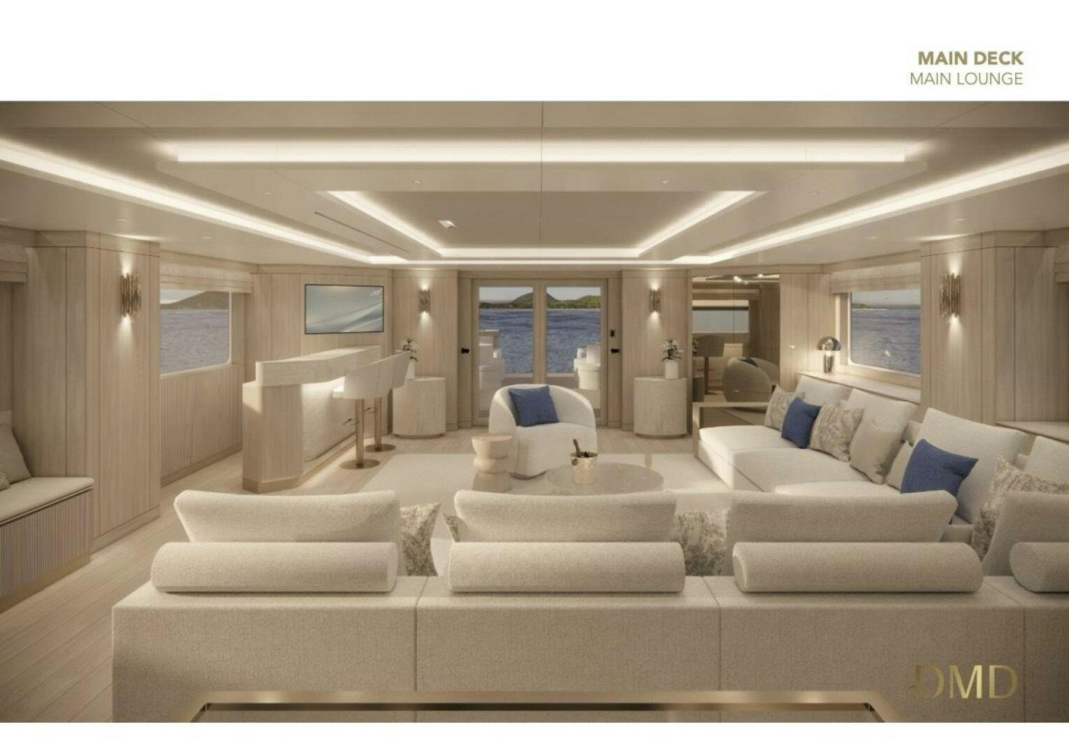 a large room with a couch and a tv aboard JOY Yacht for Sale
