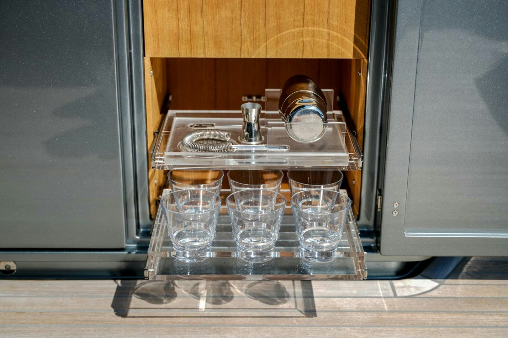 a group of glasses on a table aboard BLUEPRINT Yacht for Sale