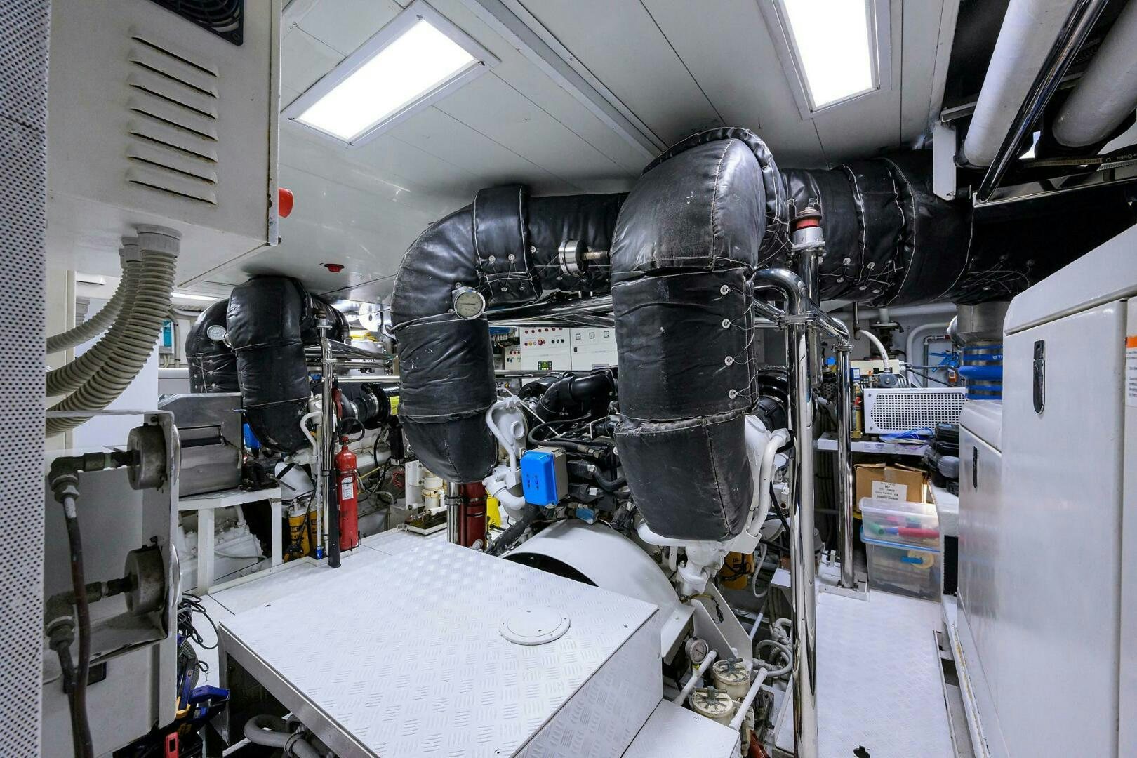 a large machine with large pipes aboard ARTHUR’S WAY Yacht for Sale