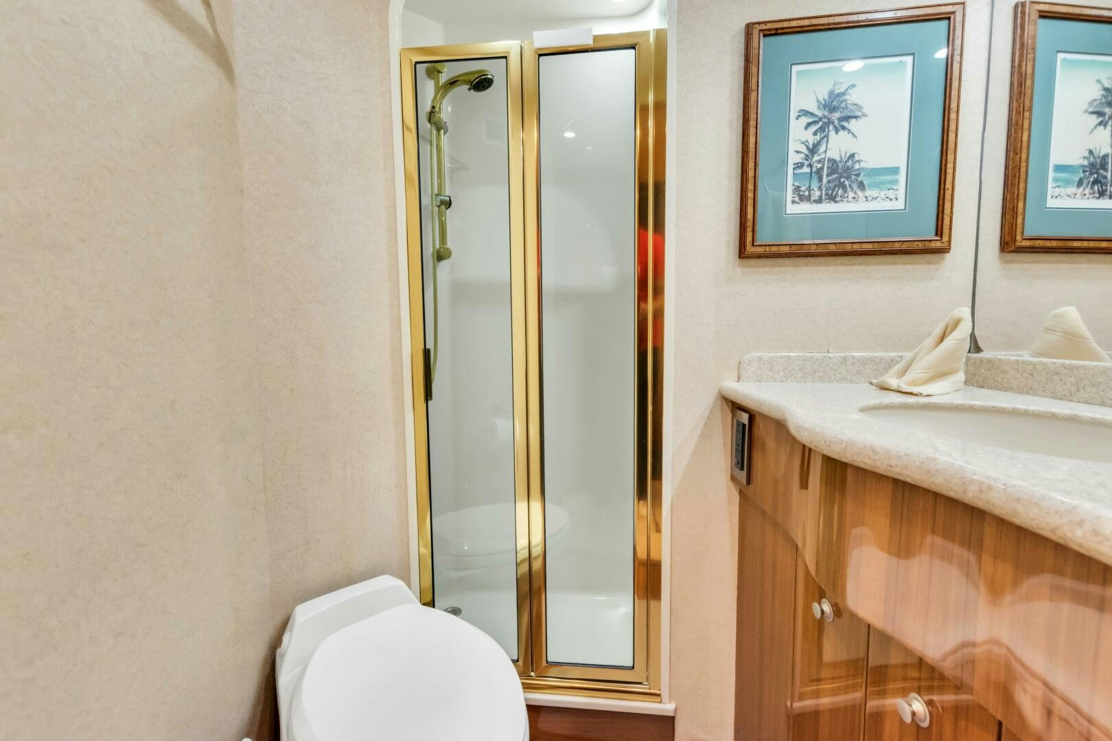 a bathroom with a mirror and sink aboard BERRY BLESSED Yacht for Sale