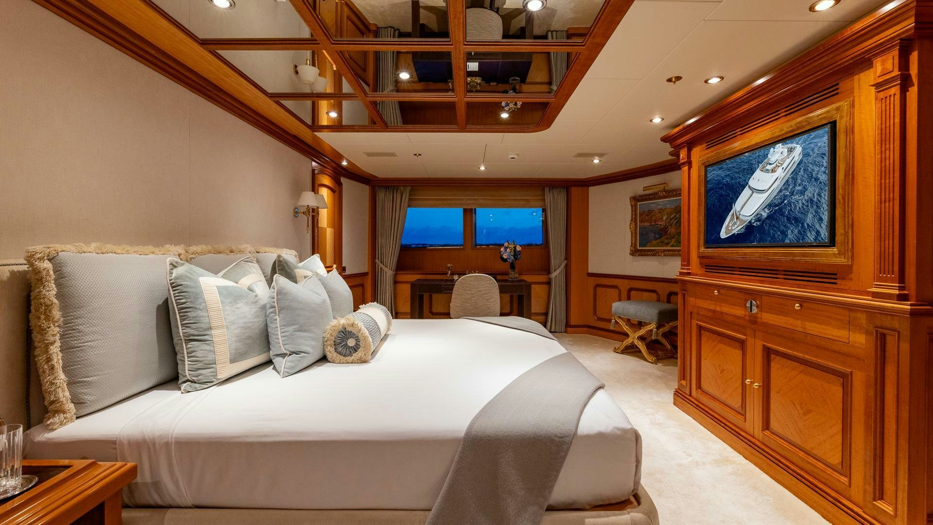a bed in a room aboard AMANTI Yacht for Sale