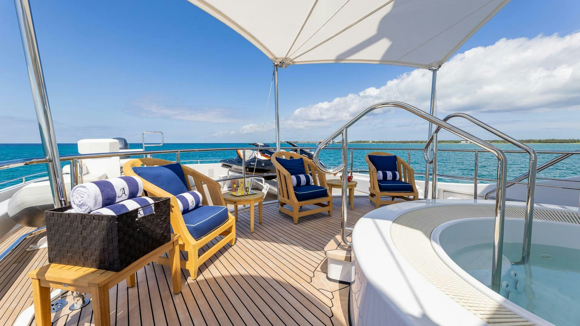 a deck with a view of the ocean and the ocean aboard AMANTI Yacht for Sale