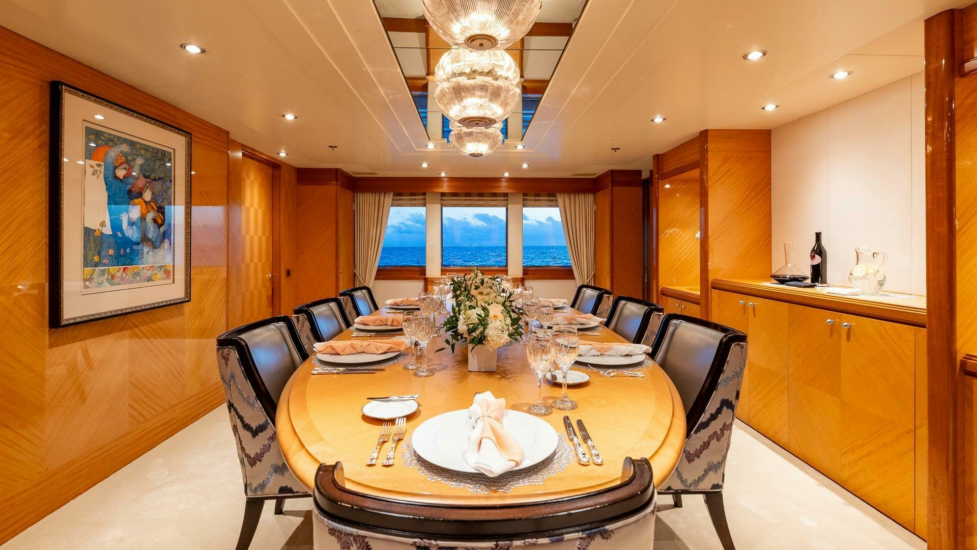 a dining table with a plate of food and glasses on it aboard AMANTI Yacht for Sale