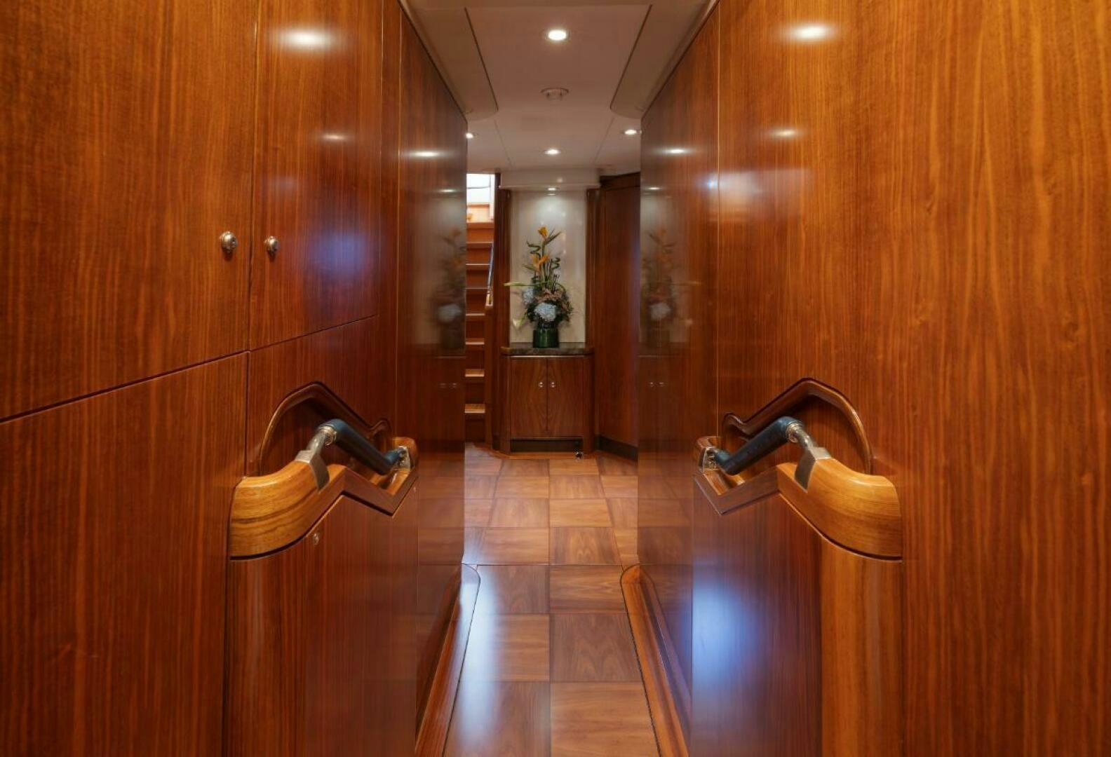 a wood paneled room with wooden walls and wood floors aboard ANTARES Yacht for Sale