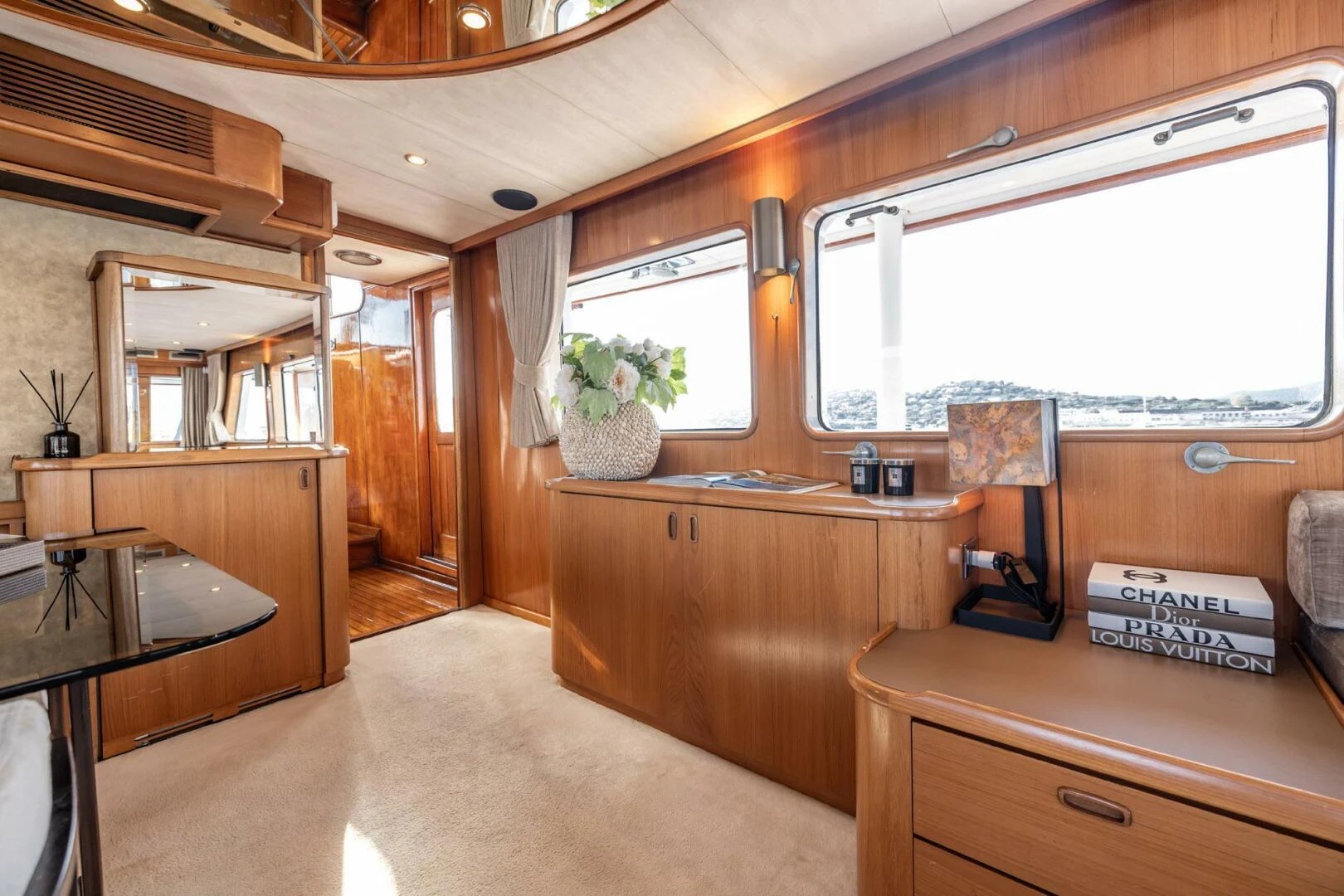 a kitchen with a large window aboard SISSI Yacht for Sale
