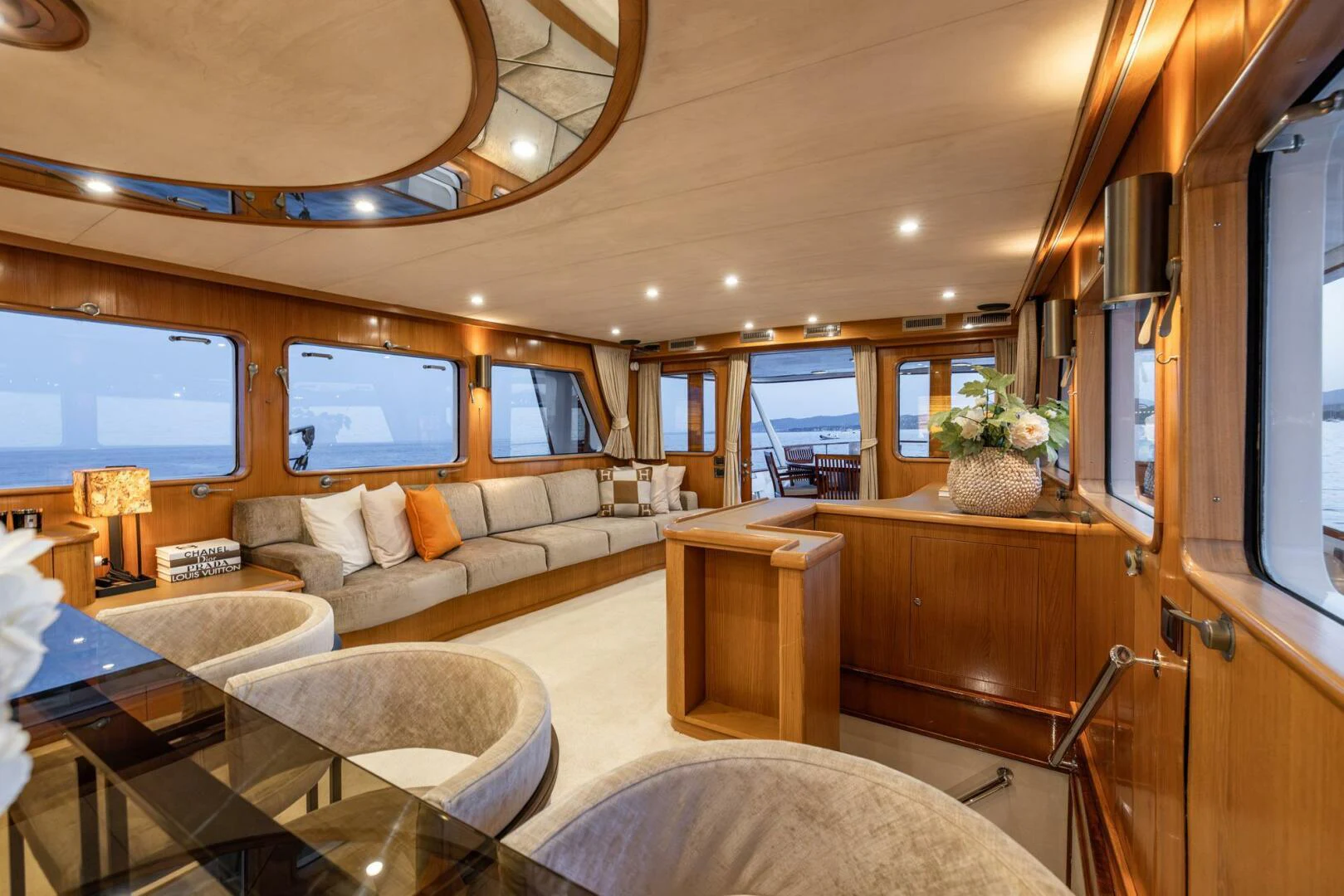 a living room with a large window aboard SISSI Yacht for Sale