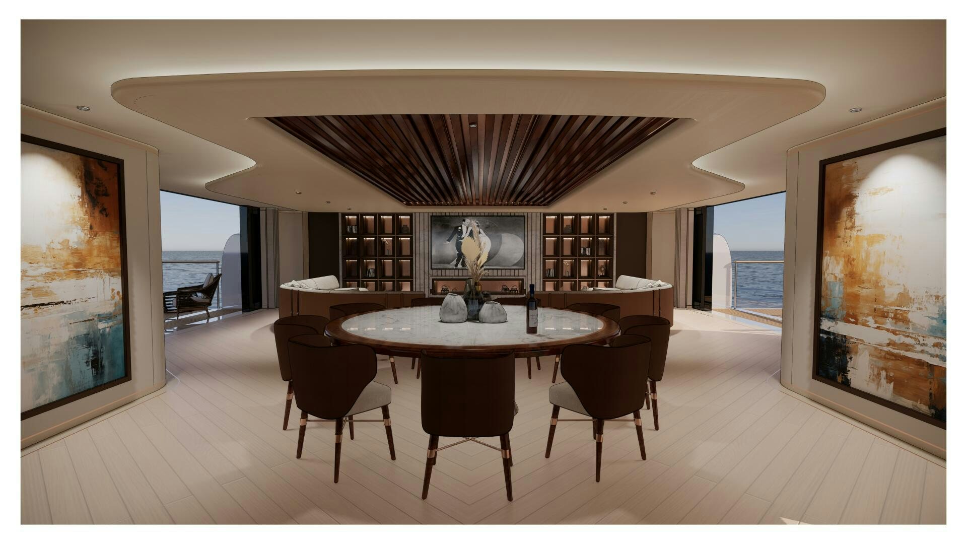 a large room with a table and chairs aboard PERENNIAL Yacht for Sale