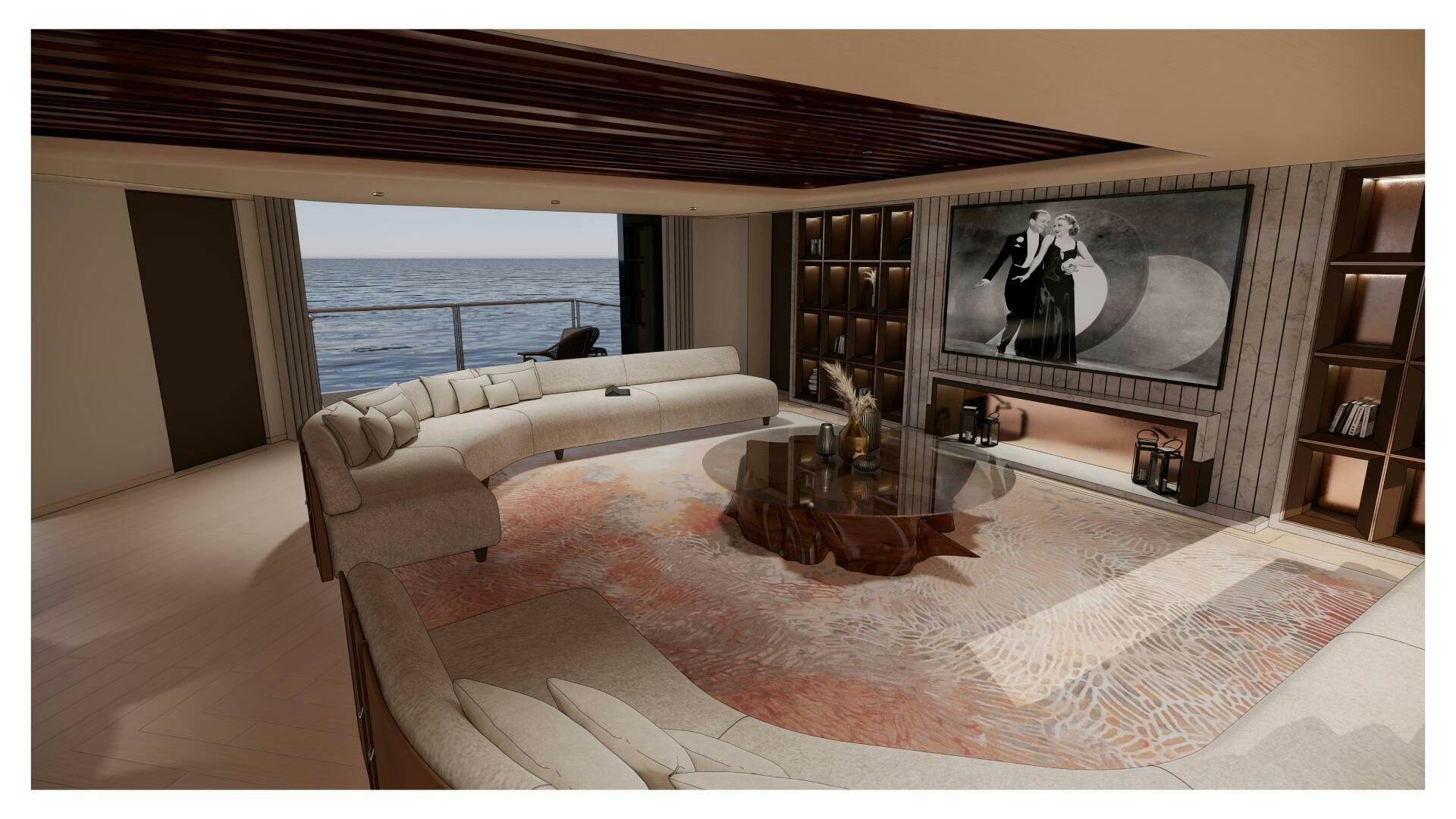 a living room with a fireplace aboard PERENNIAL Yacht for Sale