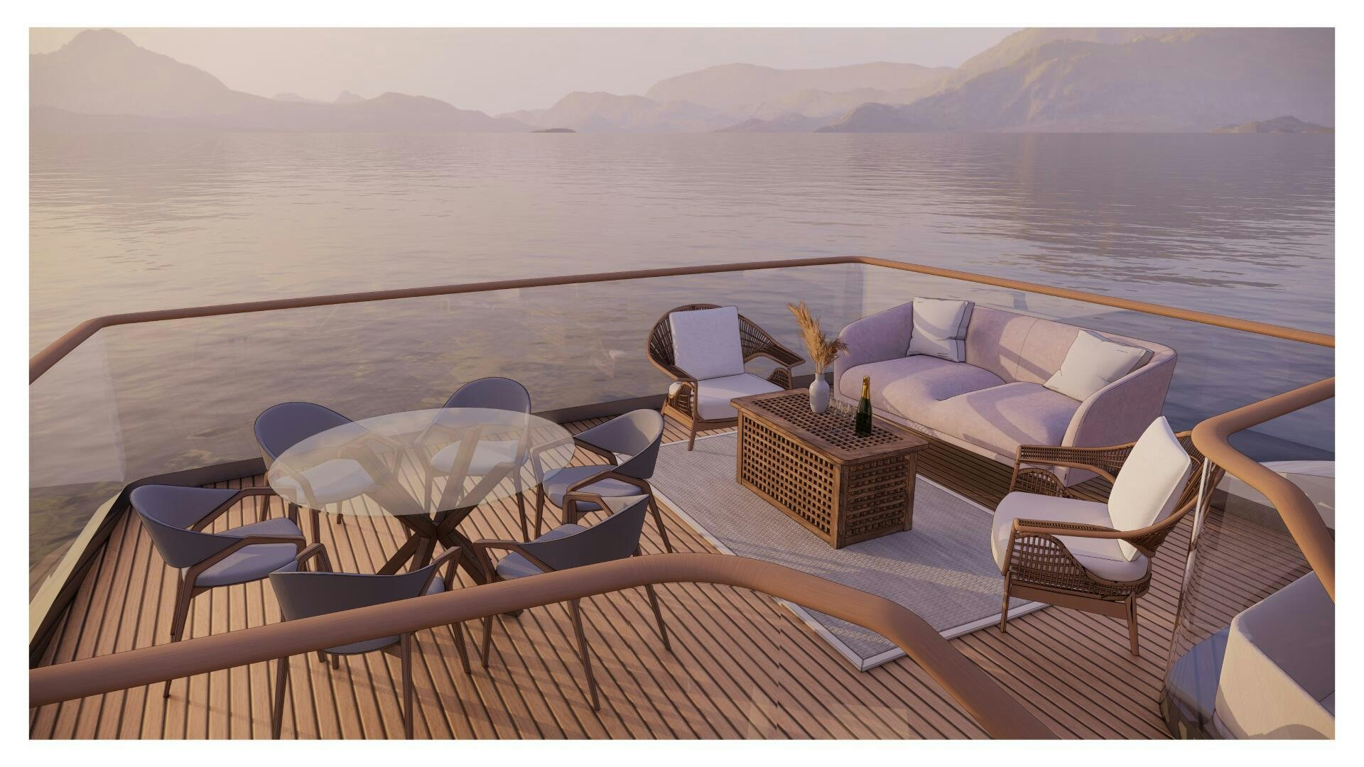 a deck with chairs and a table on it aboard PERENNIAL Yacht for Sale