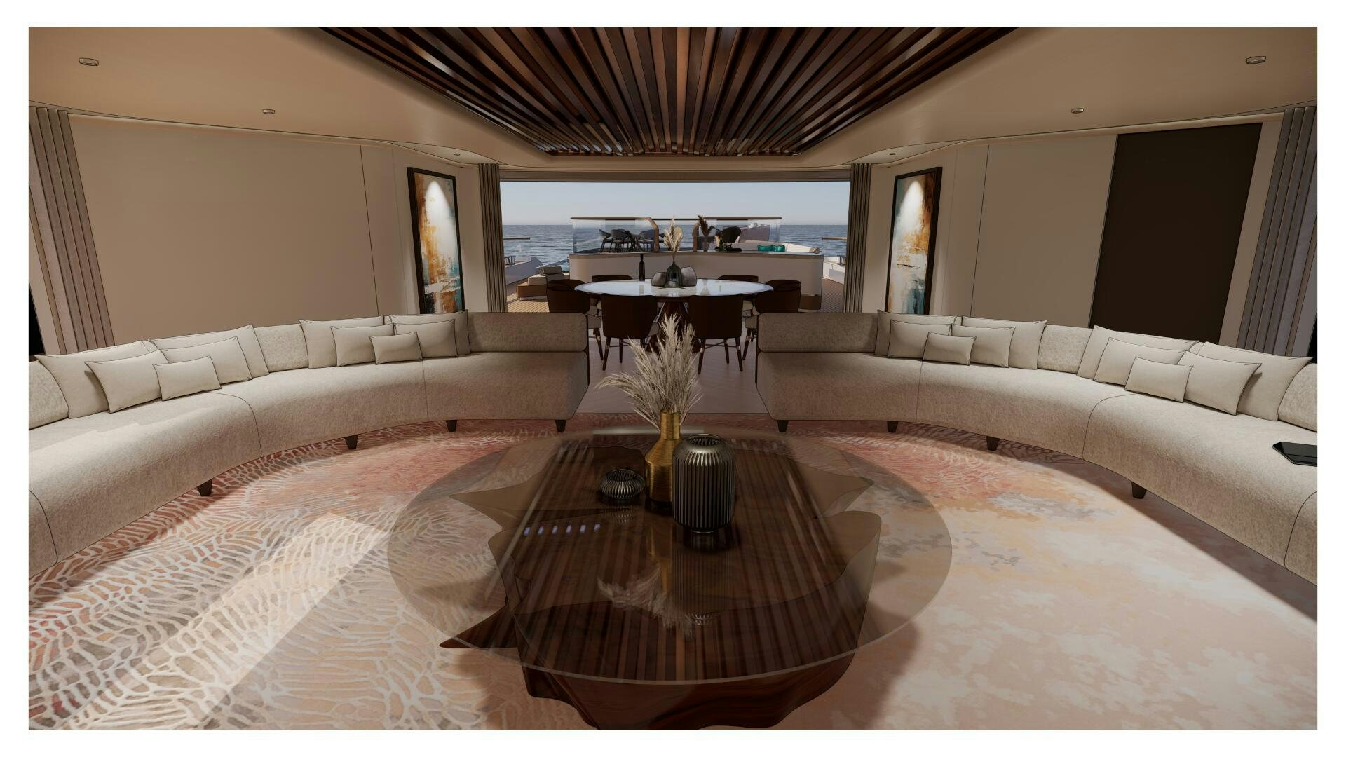 a living room with a couch and a table aboard PERENNIAL Yacht for Sale