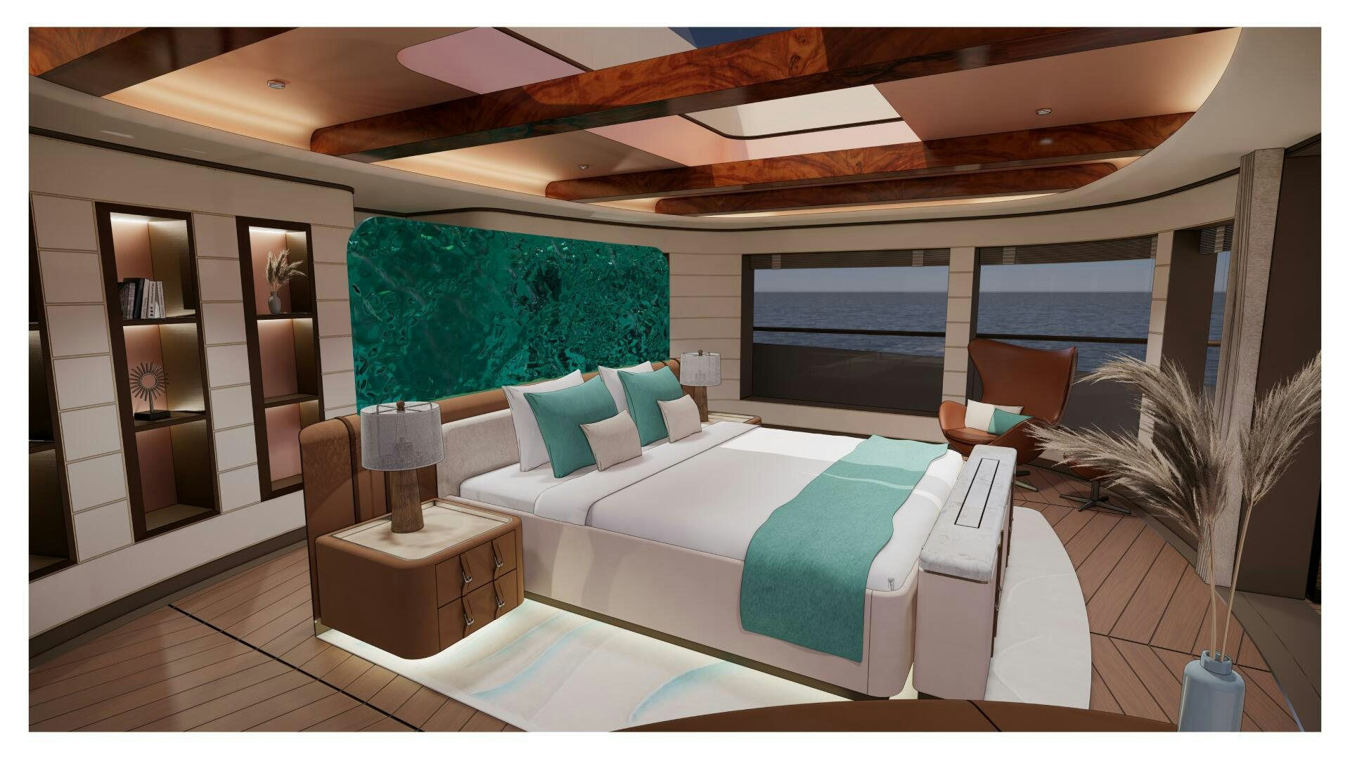 a room with a bed and a table aboard PERENNIAL Yacht for Sale