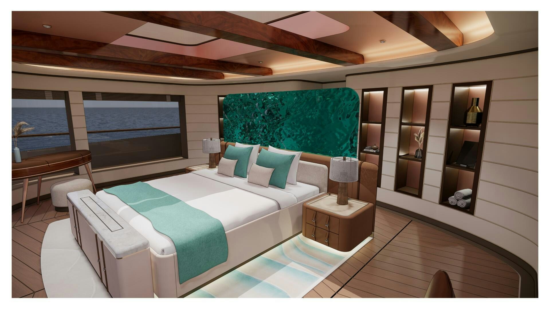 a room with a bed and a table aboard PERENNIAL Yacht for Sale