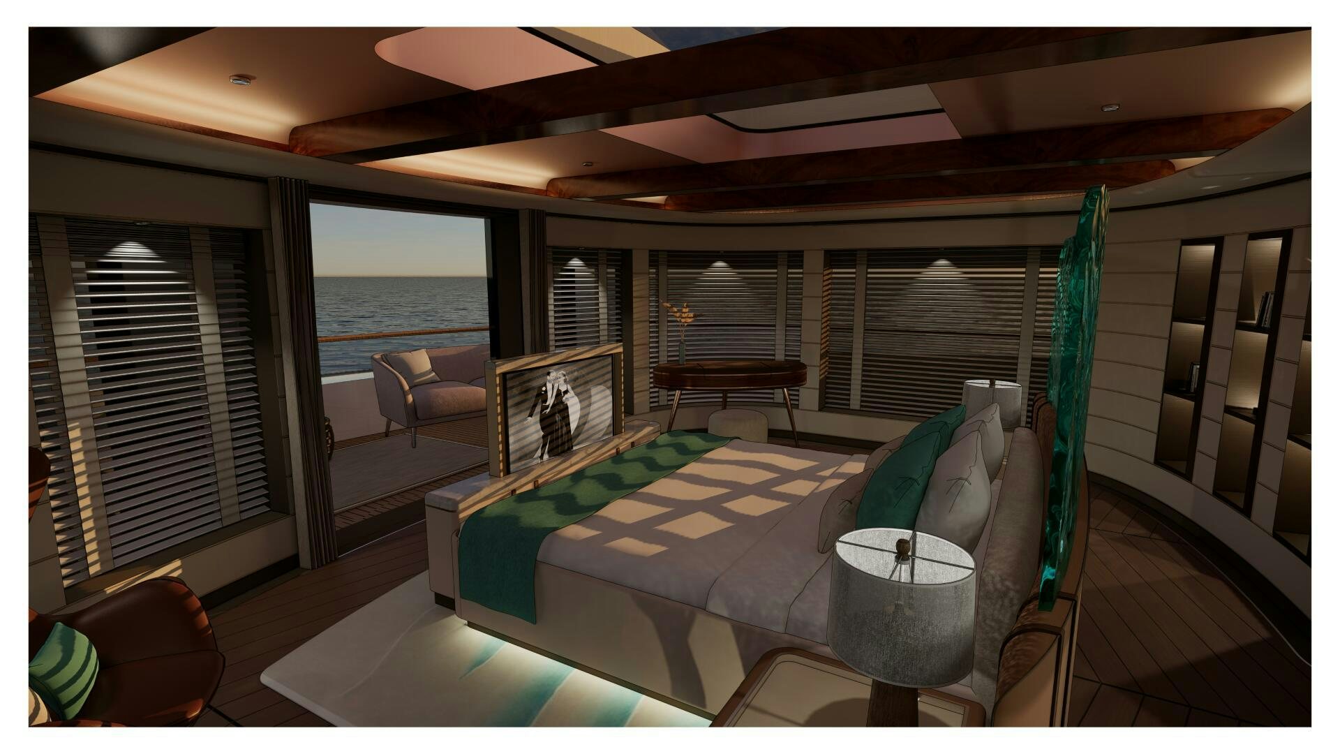 a room with a bed and a table and chairs aboard PERENNIAL Yacht for Sale