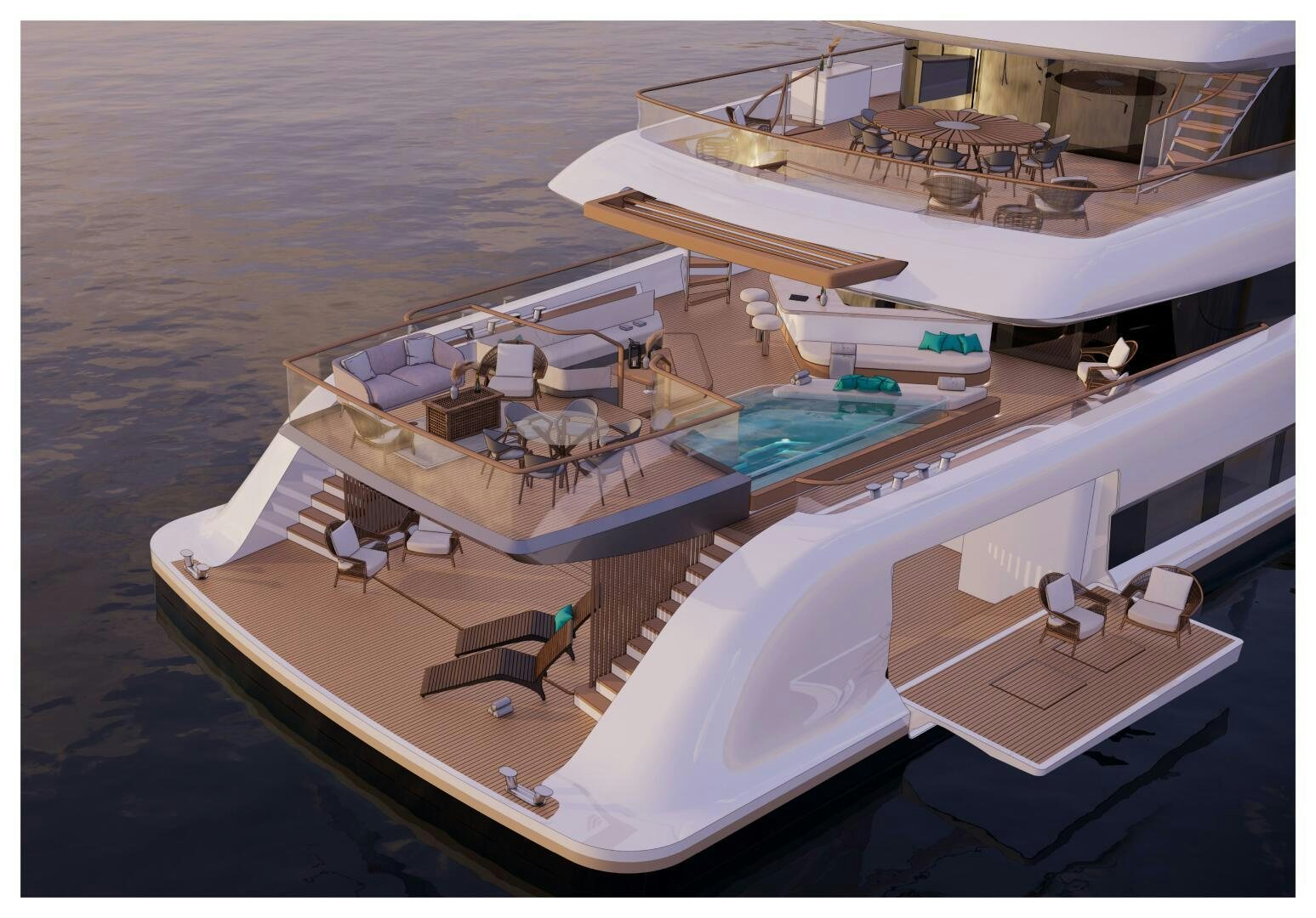 a large ship with a deck aboard PERENNIAL Yacht for Sale