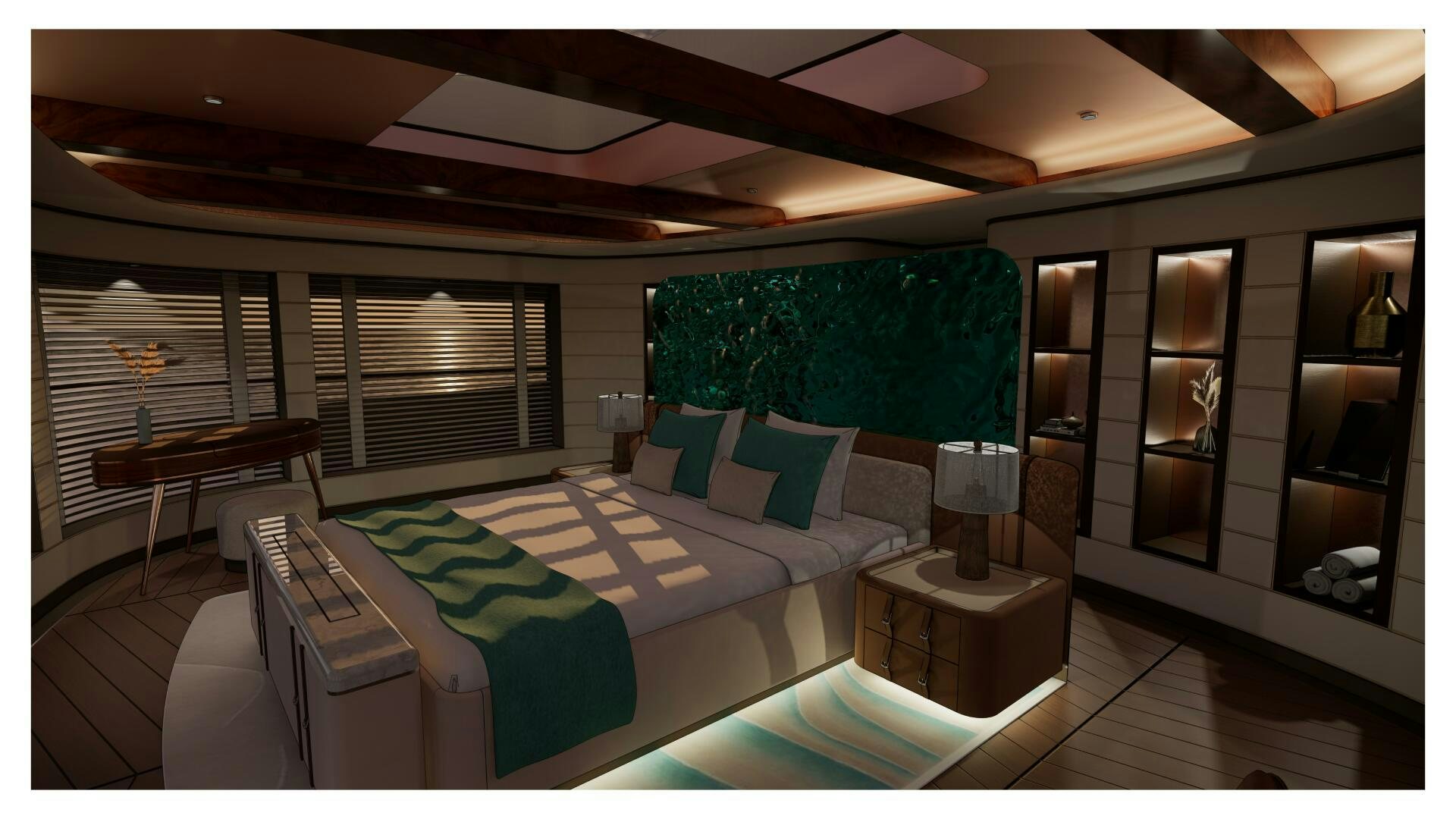 a room with a bed and a table aboard PERENNIAL Yacht for Sale