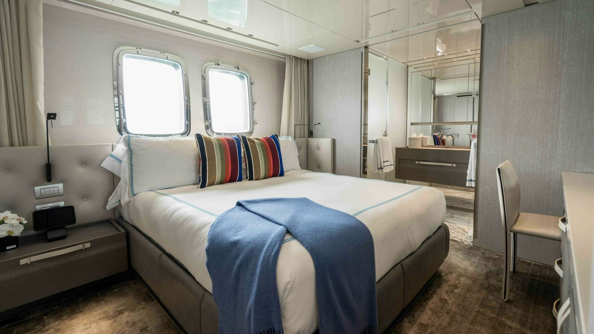 a bed in a room aboard HONEY POT Yacht for Sale
