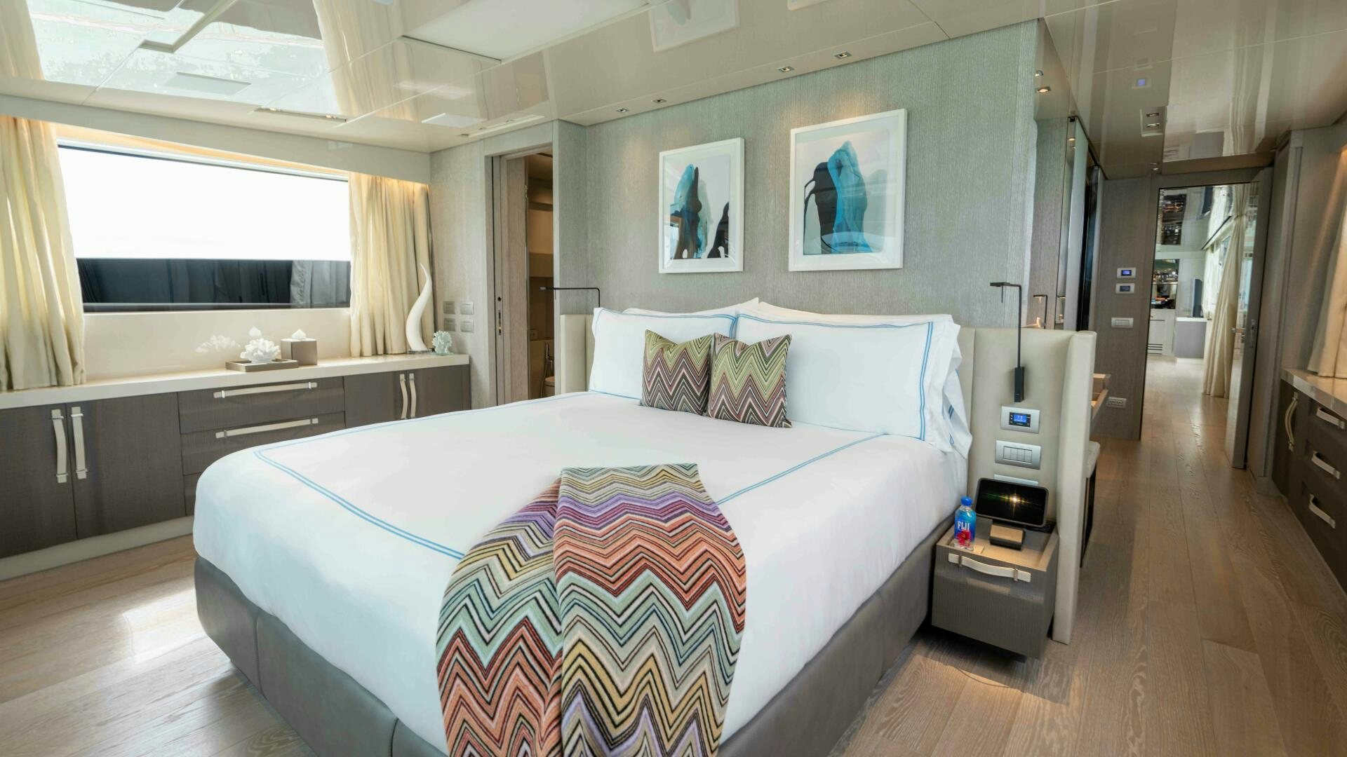 a bed in a room aboard HONEY POT Yacht for Sale