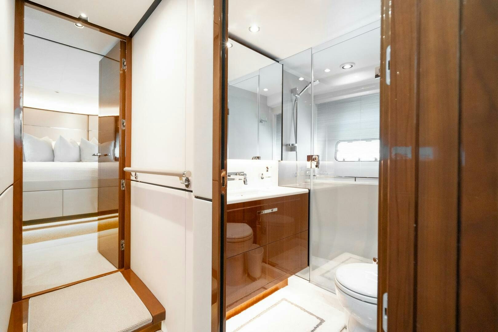 a bathroom with a shower and toilet aboard PERFECT MATCH Yacht for Sale