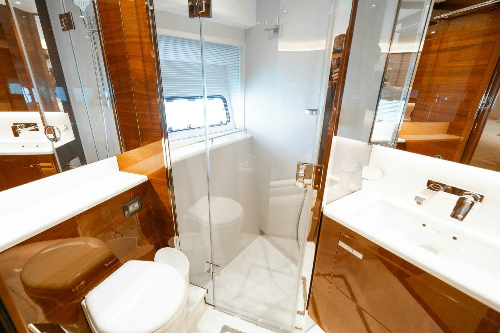 a bathroom with a glass shower aboard PERFECT MATCH Yacht for Sale