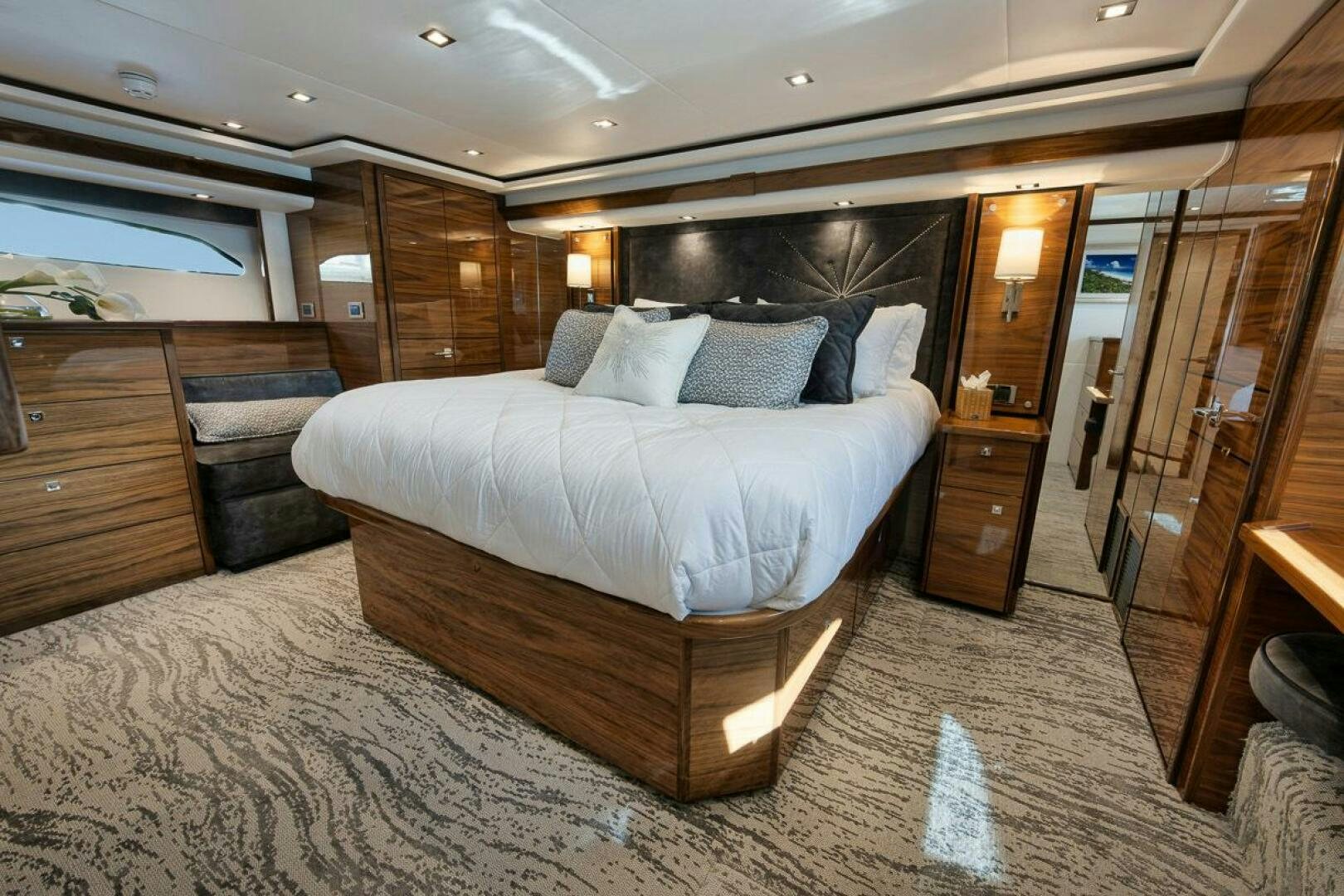 a bed in a room aboard LUCKY DICK Yacht for Sale