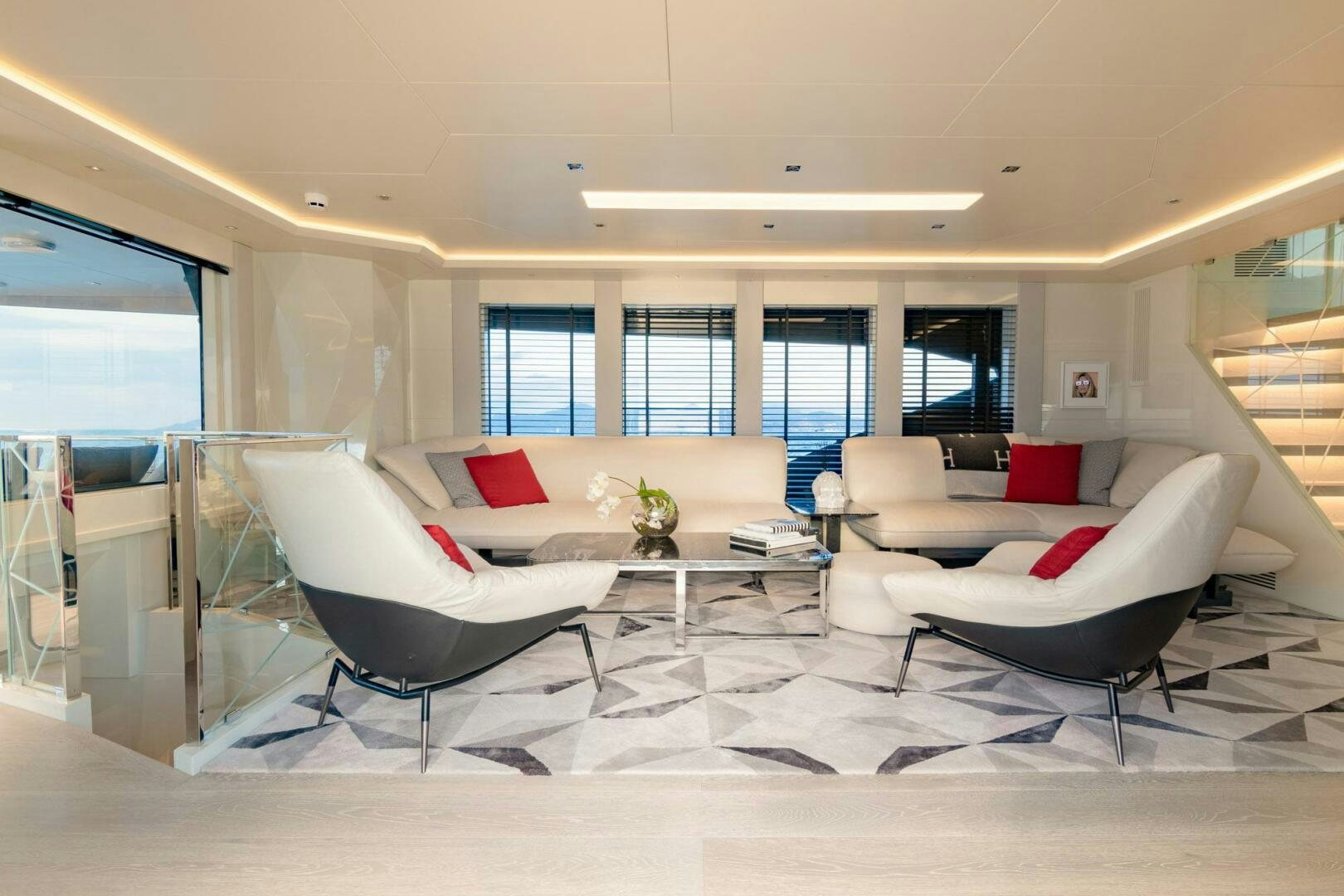 a modern looking living room aboard BEACH CLUB Yacht for Sale