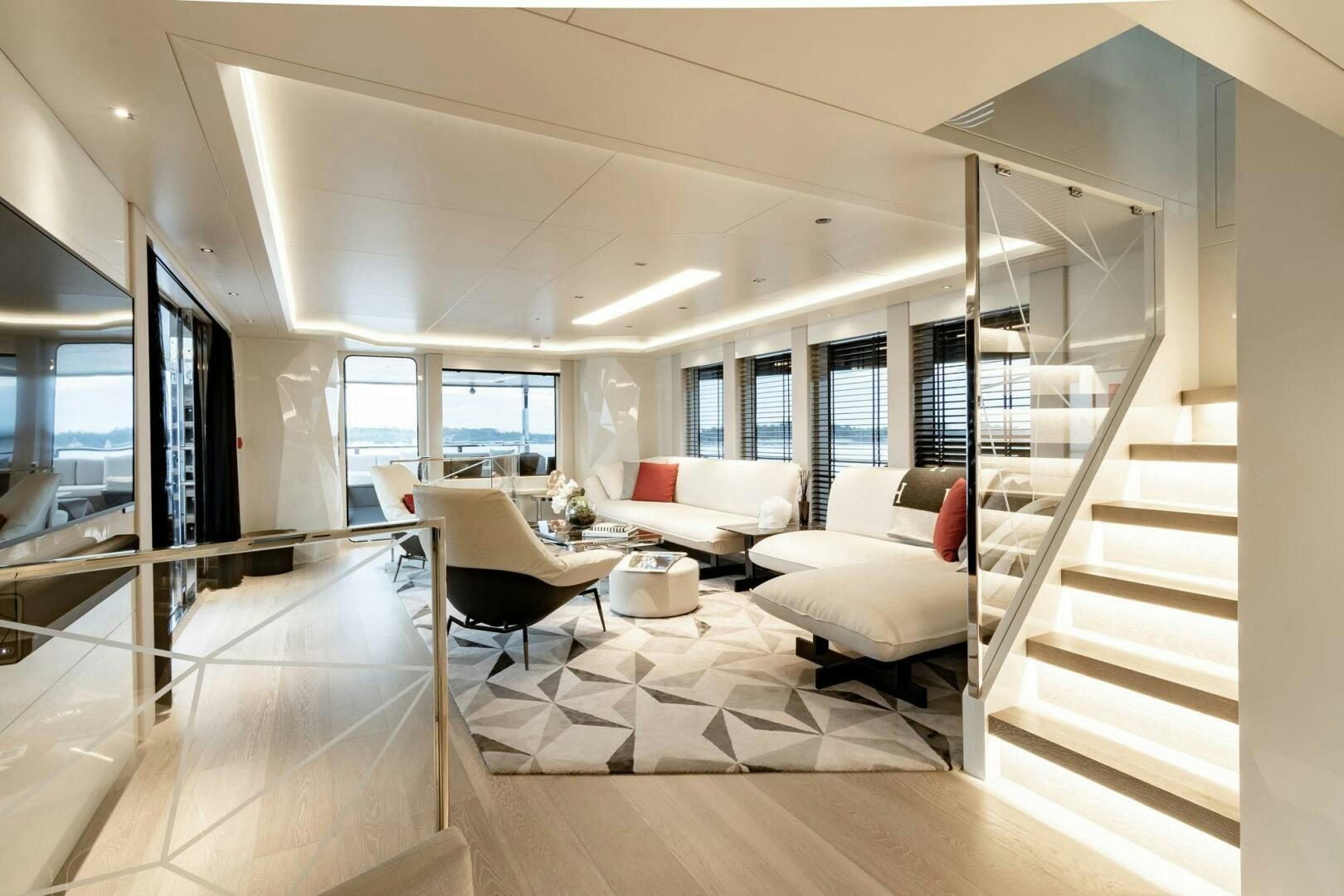 a modern looking living room aboard BEACH CLUB Yacht for Sale