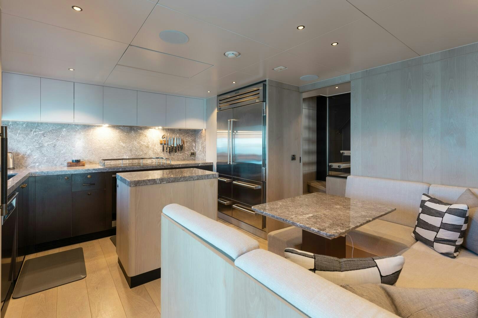 a modern looking kitchen aboard UNTETHERED Yacht for Sale