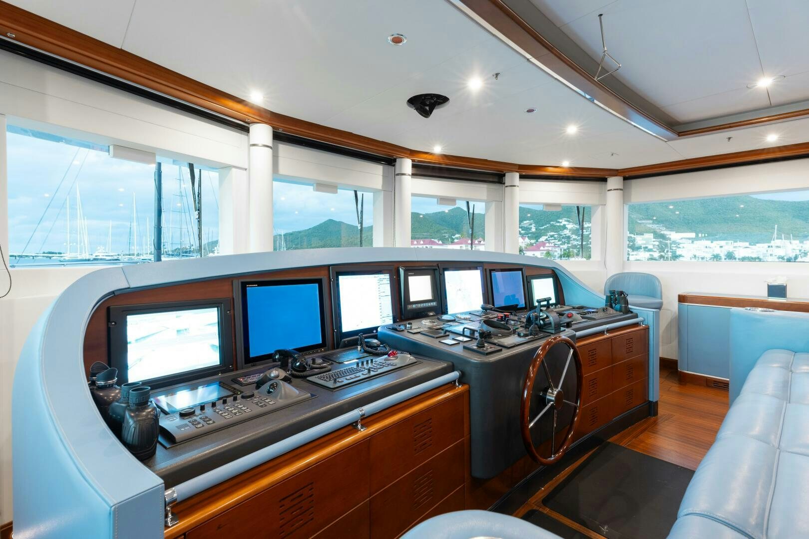 a control room with computers aboard Q Yacht for Sale