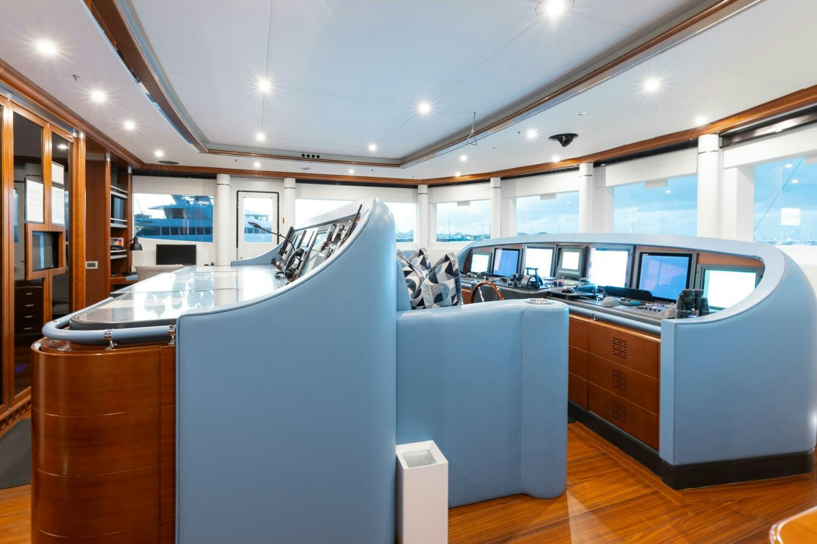 a kitchen with a large island aboard Q Yacht for Sale