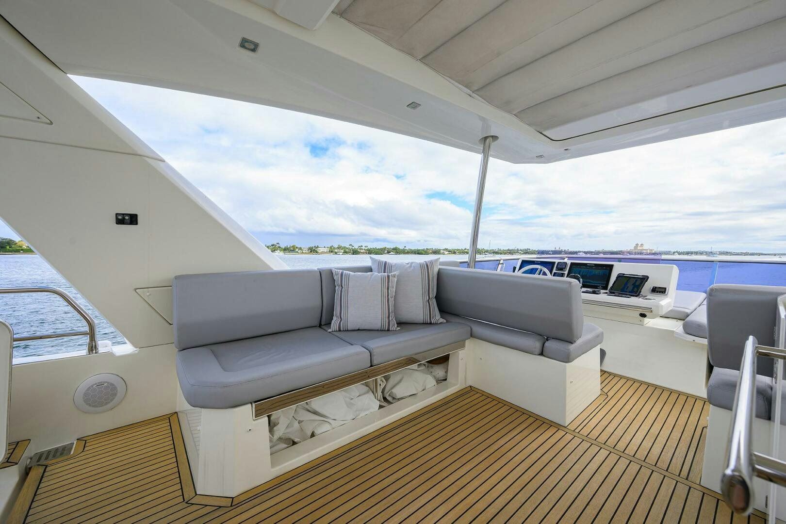 a boat with a deck and a deck and a view of the water aboard 2016 68 PRESTIGE Yacht for Sale