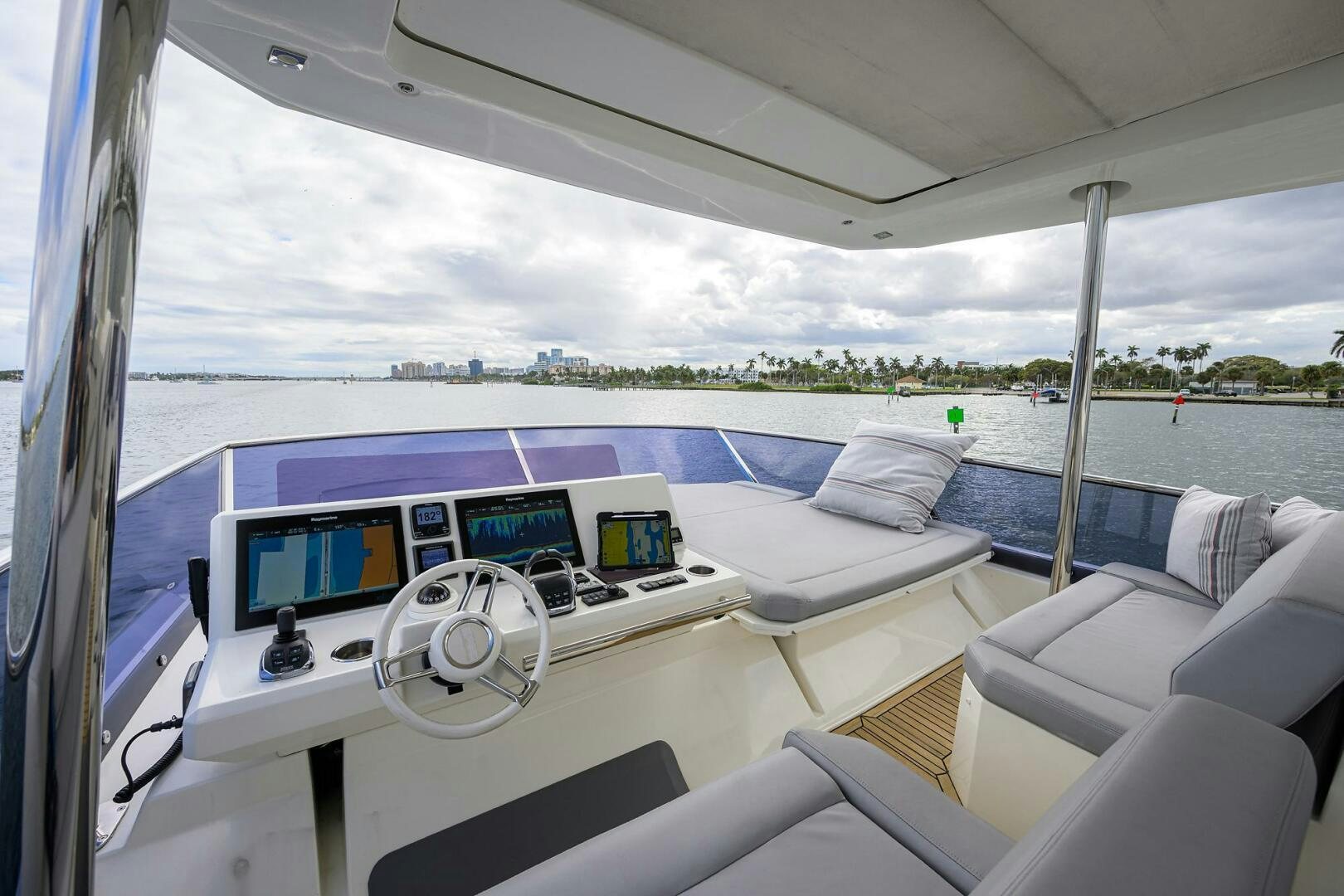 a large white boat with a large screen and a large window with a view of the water and aboard 2016 68 PRESTIGE Yacht for Sale