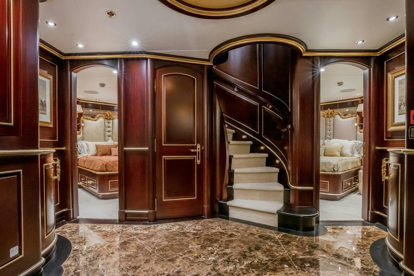a fancy bathroom with a large mirror aboard STATUS QUO Yacht for Sale