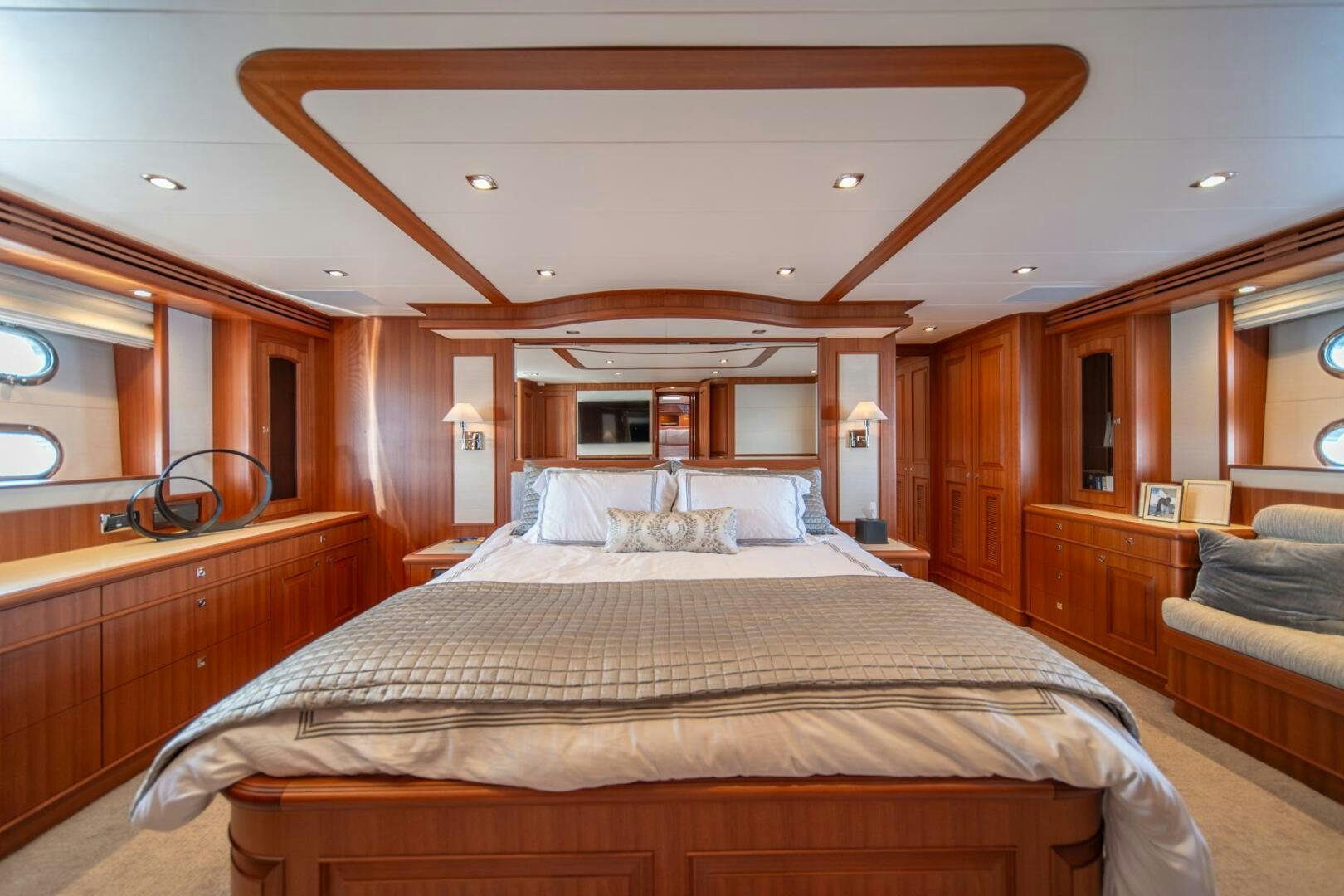 a large bed in a room aboard ABRI SUR LA MER Yacht for Sale