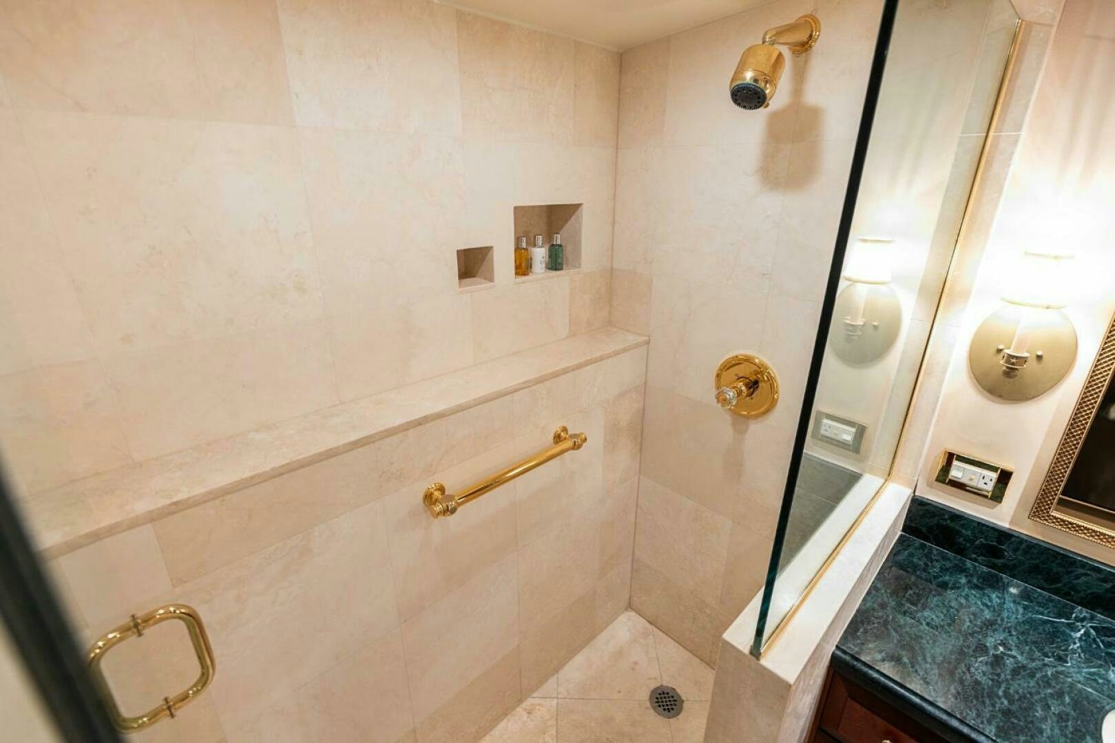 a bathroom with a marble counter top aboard STARLIGHT Yacht for Sale