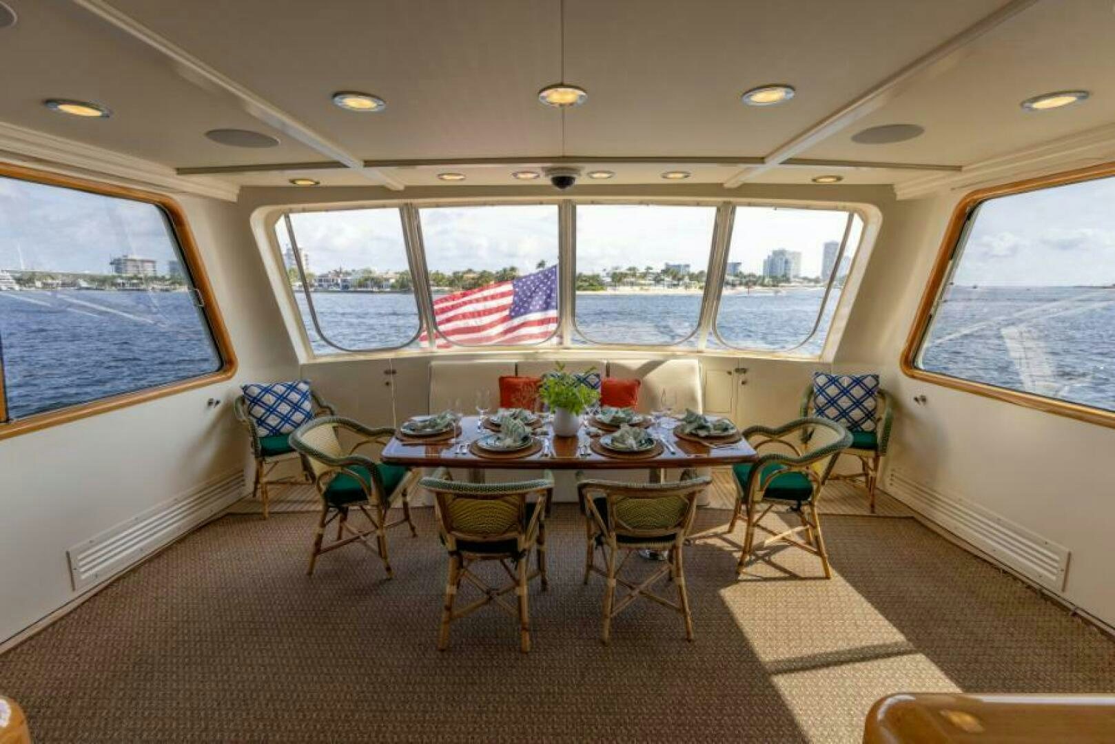 a dining table on a train aboard STARLIGHT Yacht for Sale