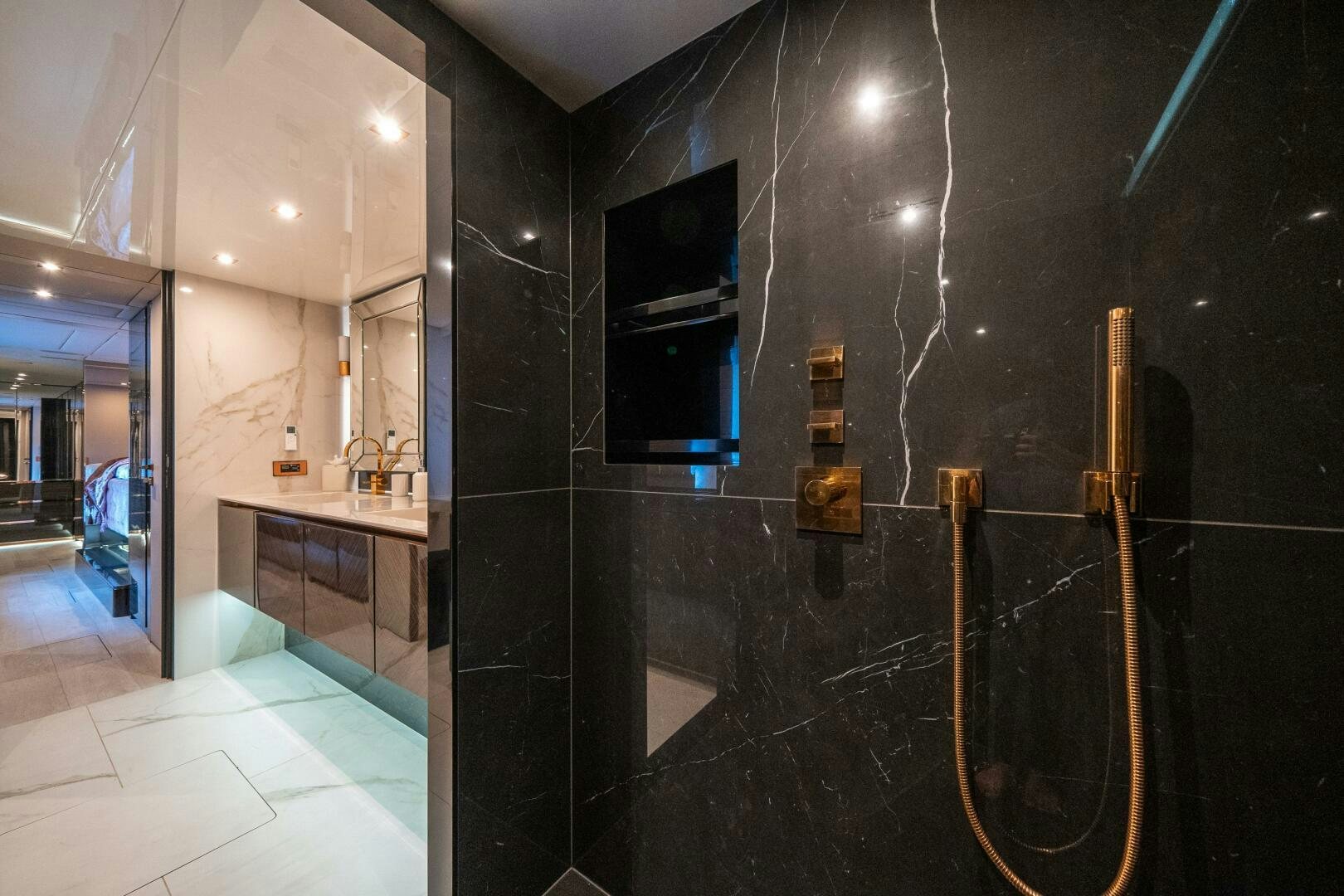 a bathroom with a large mirror aboard SECOND CHANCE Yacht for Sale