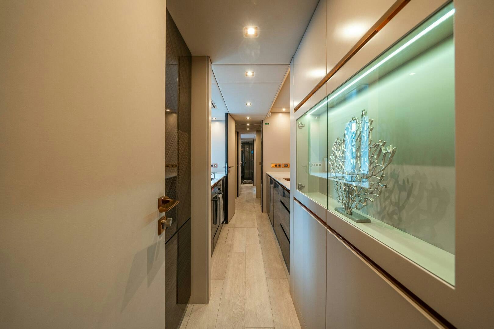 a hallway with a glass door aboard SECOND CHANCE Yacht for Sale