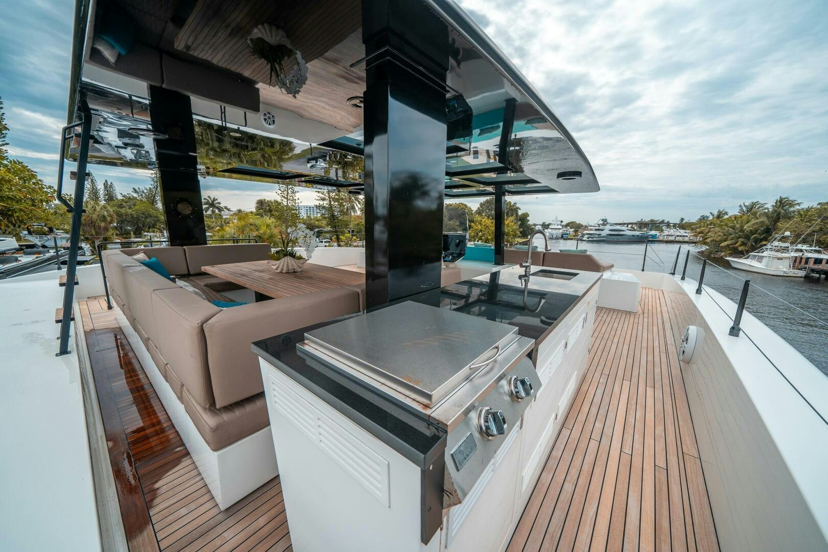 a deck with a deck and a view of a city aboard SECOND CHANCE Yacht for Sale